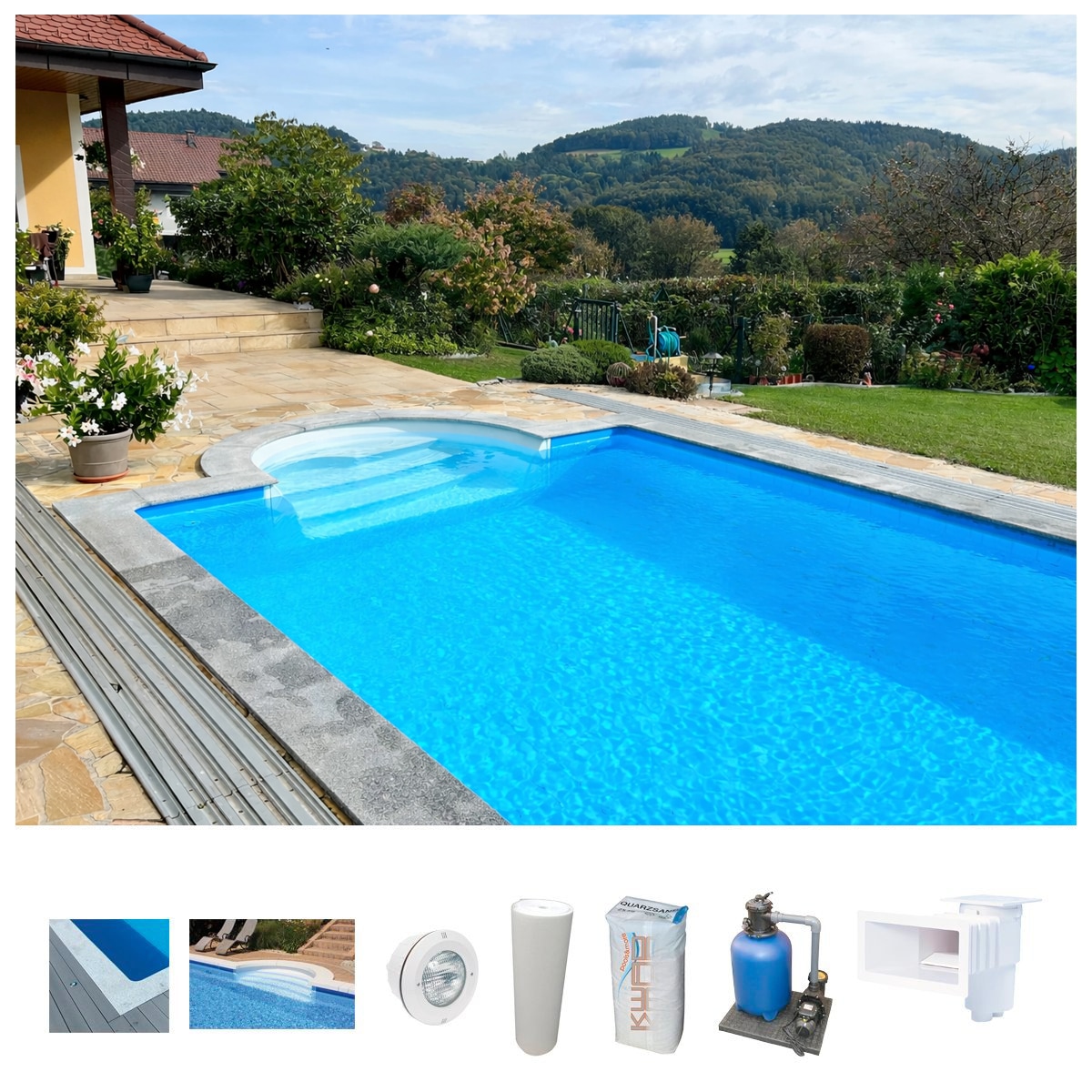 KWAD Schwimmbecken »STYROPOR®STEIN POOL ALL INCLUSIVE, BxLxH: 400x800x150 cm« mit Römertreppe, inkl. Beckenrandsteine & Poolbeleuchtung