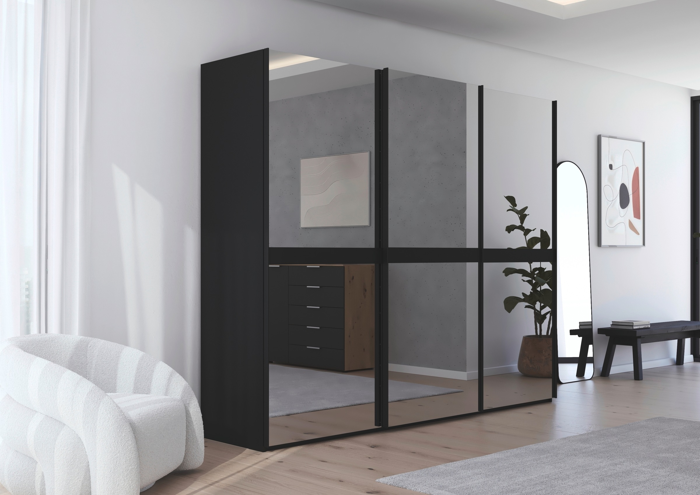 rauch Schwebetürenschrank »Kleiderschrank Schrank Garderobe Schlafzimmerschrank SCALE-LINE«, edle Optik mit Bauchbinde in Korpusfarbe Spiegelfront MADE IN GERMANY