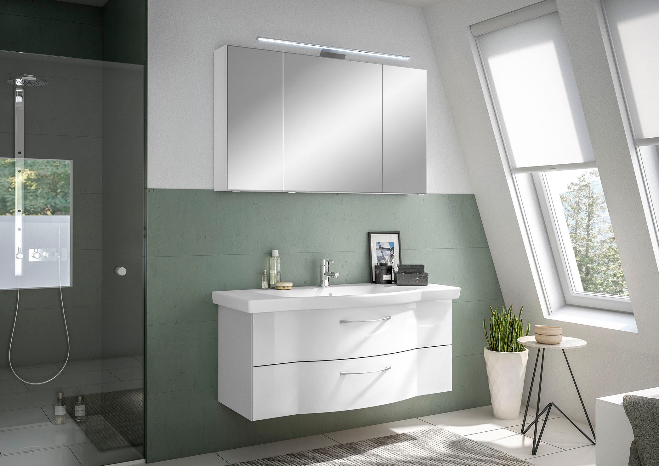 Saphir Badmöbel-Set »6005 Sprint Keramik-Waschtisch mit LED-Spiegelschrank, 122 cm breit«, (2 St.), Waschplatz inkl. Türdämpfer, 3 Türen, 2 Schubladen, Waschtisch Set