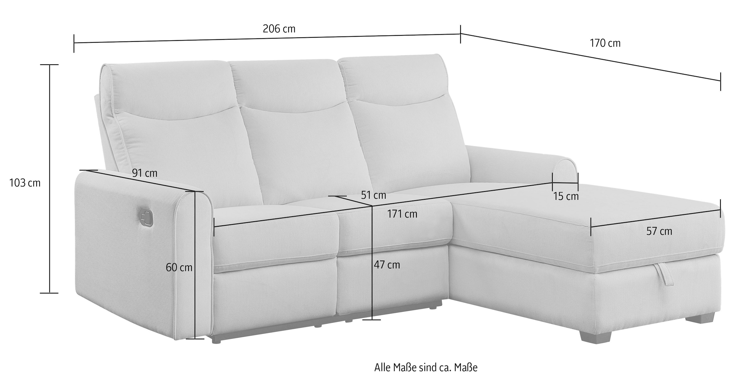 ATLANTIC home collection Ecksofa »Gero L-Form«, mit Relaxfunktion und Stauraum, mit Cord-Bezug