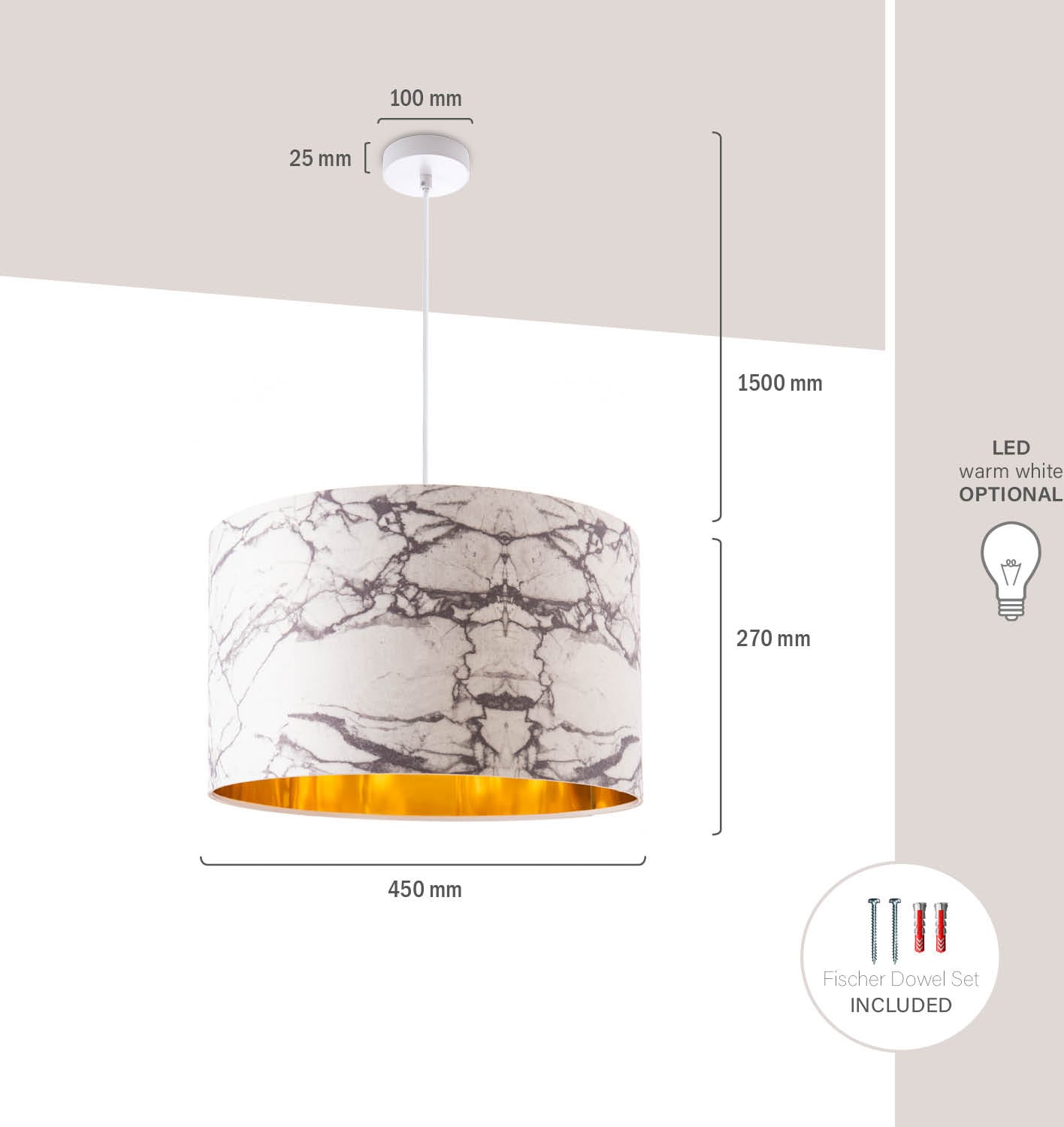 Paco Home Pendelleuchte »Kraft 525«, 1 flammig, Leuchtmittel E27 | ohne Leuchtmittel, Deckenlampe Wohnzimmer Hängelampe Esszimmer Marmor Weiß E27