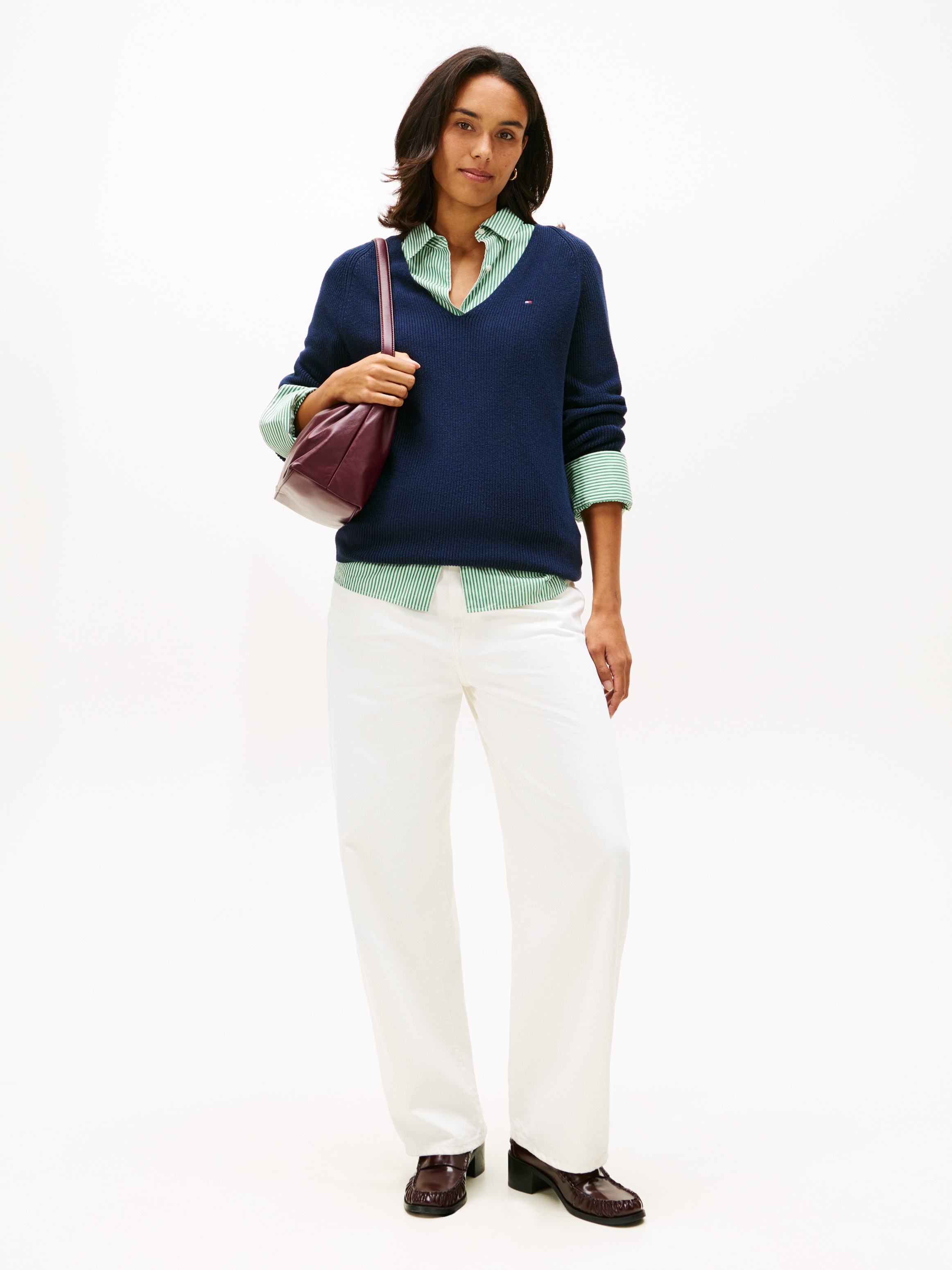 Tommy Hilfiger Strickpullover »CO CARDI STITCH V-NK LS« mit Logostickerei