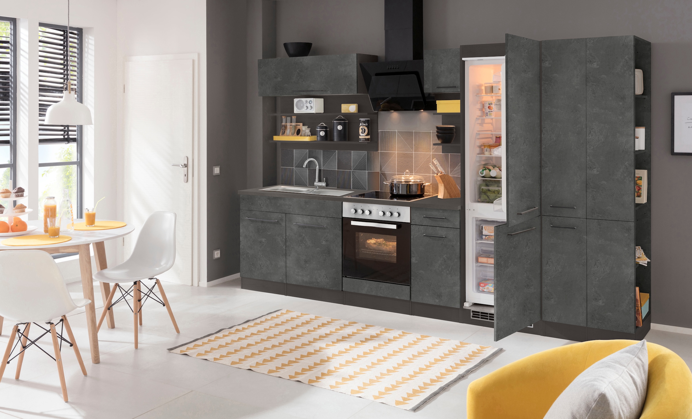 KOCHSTATION Küchenzeile »KS-Tulsa«, mit E-Geräten, Breite 300 cm, schwarze Metallgriffe, MDF Fronten
