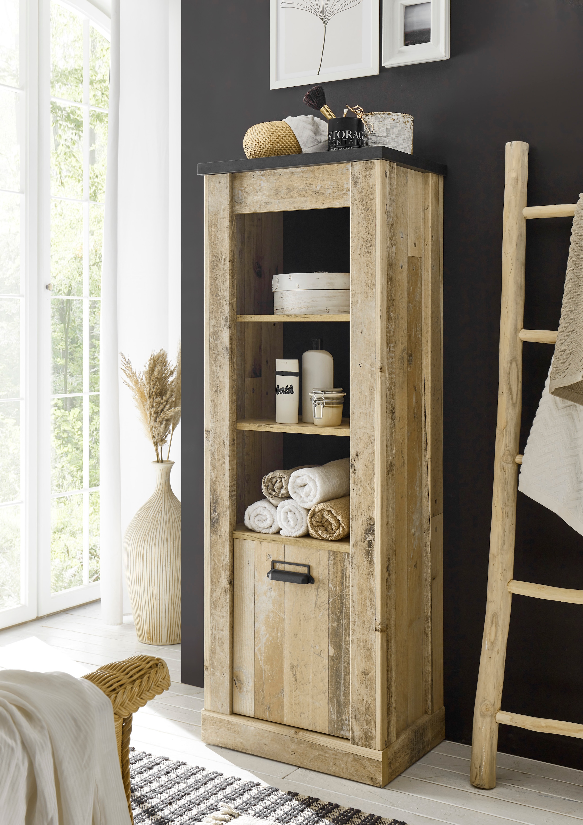 Home affaire Badmöbel-Set »SHERWOOD, Bad im modernen Design, 3-teiliges Badezimmer«, (3 St.), in 2 Farben verfügbar, Scheunentorbeschlag & Apothekergriff aus Metall
