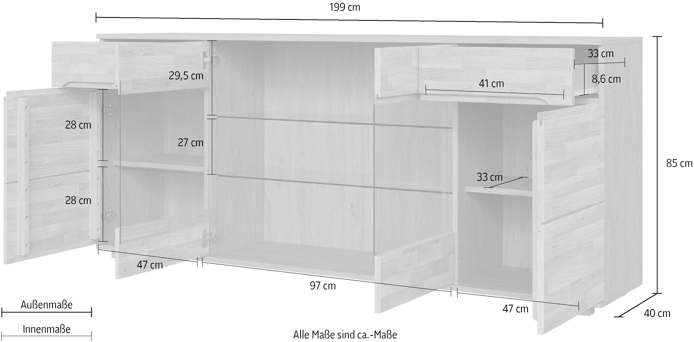 OTTO home Sideboard »VETRO Teilmassiv, Fronten Massivholz, Wohnzimmer, Stauraum,Griffmulde« B/T/H:199/40/85cm, 2 Schubladen, 7Fächer