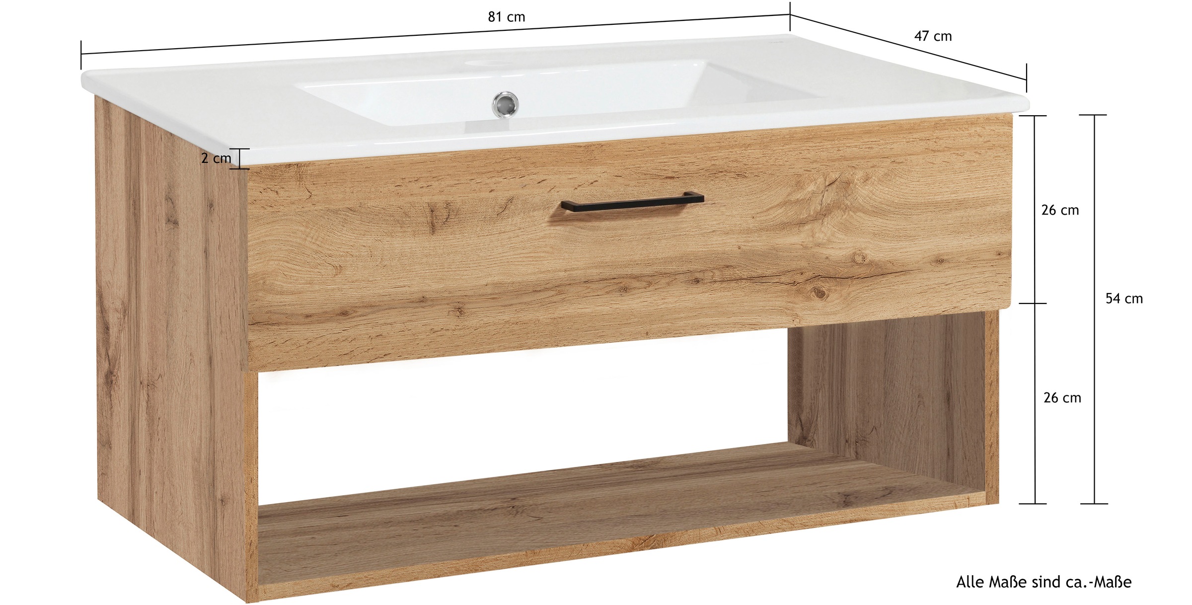 welltime Waschtisch »Trento Light, 60cm, 80cm, 100cm, Keramik-Auflagebecken«, 1 Auzug und 1 offenes Fach