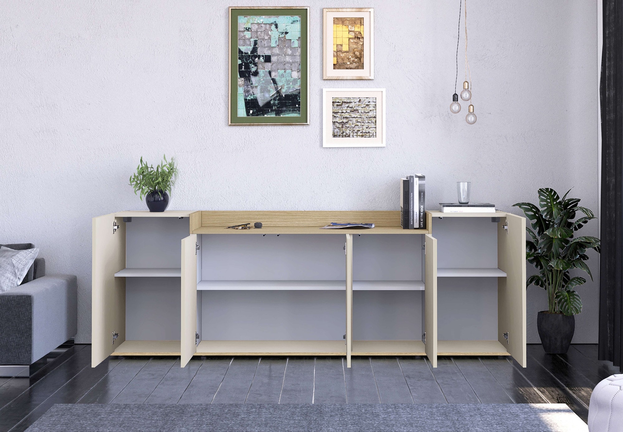 OTTO home Sideboard »BOLSENA, Kommode, Schrank,Lowboard mit 8 Fächer und offenes Ablagefach« 1 Stk. tlg. stehend/hängend montierbar, Made in Italy, B/T/H: 200 × 35 × 71,2 cm