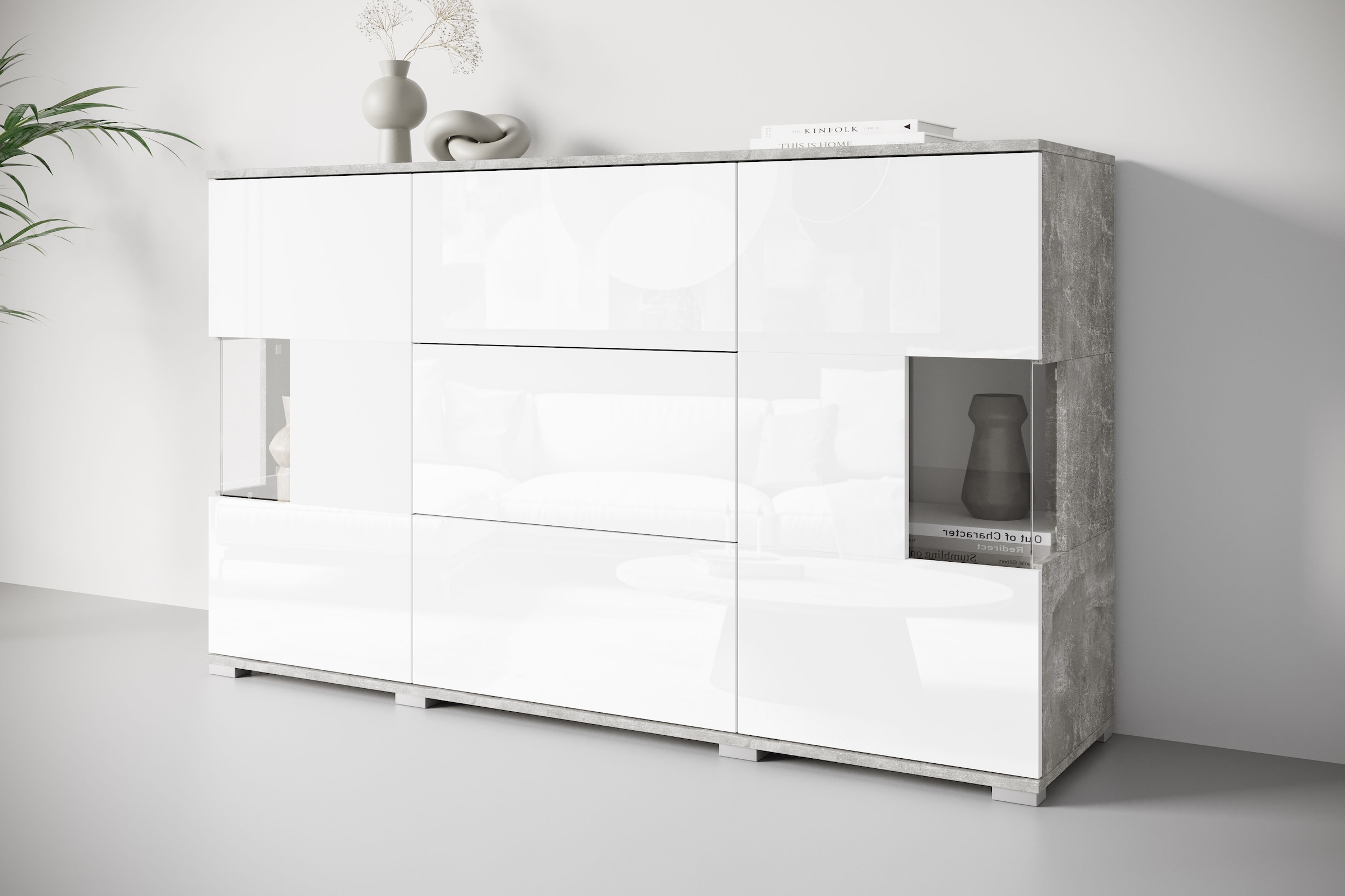 INOSIGN Sideboard »Kenia«, (1 St.), Sideboard mit 3 Schubladen, 6 Fächern, Glastüren, Breite 150 cm