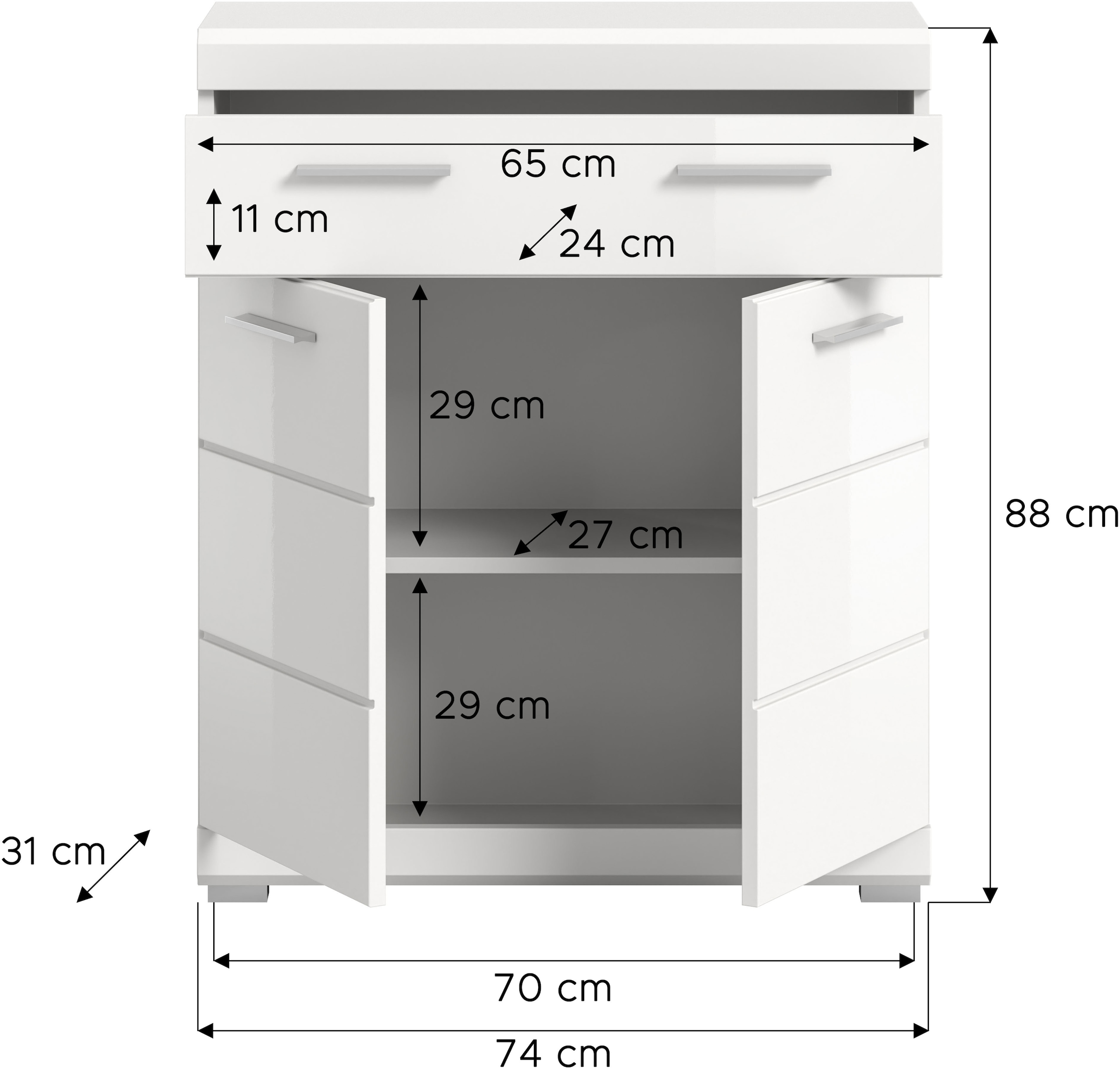 INOSIGN Unterschrank »Siena, Breite 74cm, 2 Tür, 1 Schubkasten, 2 Fächer, MDF-Front«, in verschiedenen Farben erhältlich, Badmöbel, Badschrank, Kommode, Bad