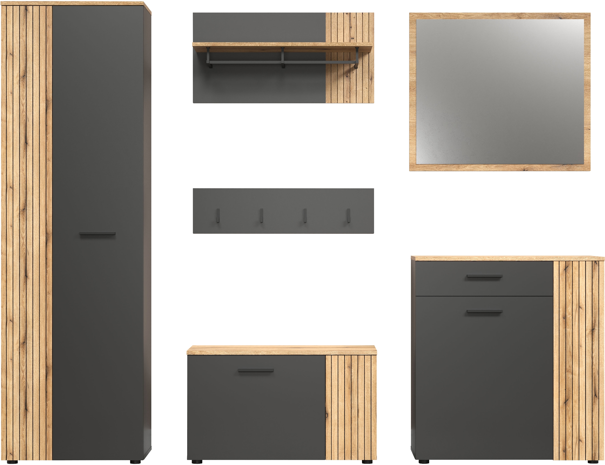 INOSIGN Garderoben-Set »Estepona«, (Komplett-Set, 6 St.), Garderobenmöbel mit Rillenoptik - Maße (B/T/H) 250/36/195 cm