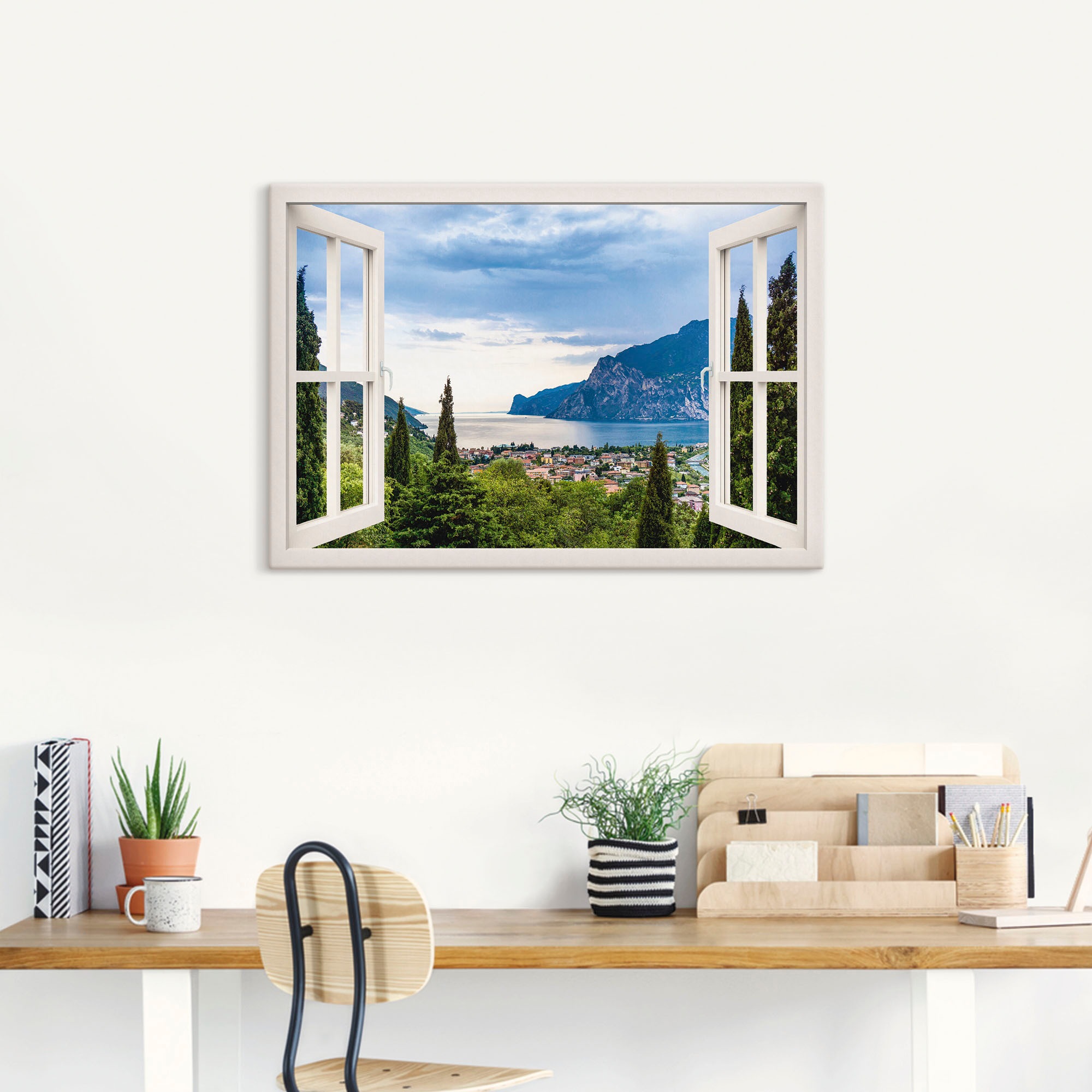 Artland Wandbild »Gardasee durchs weiße Fenster«, Seebilder, (1 St.), als Alubild, Outdoorbild, Leinwandbild, Poster, Wandaufkleber