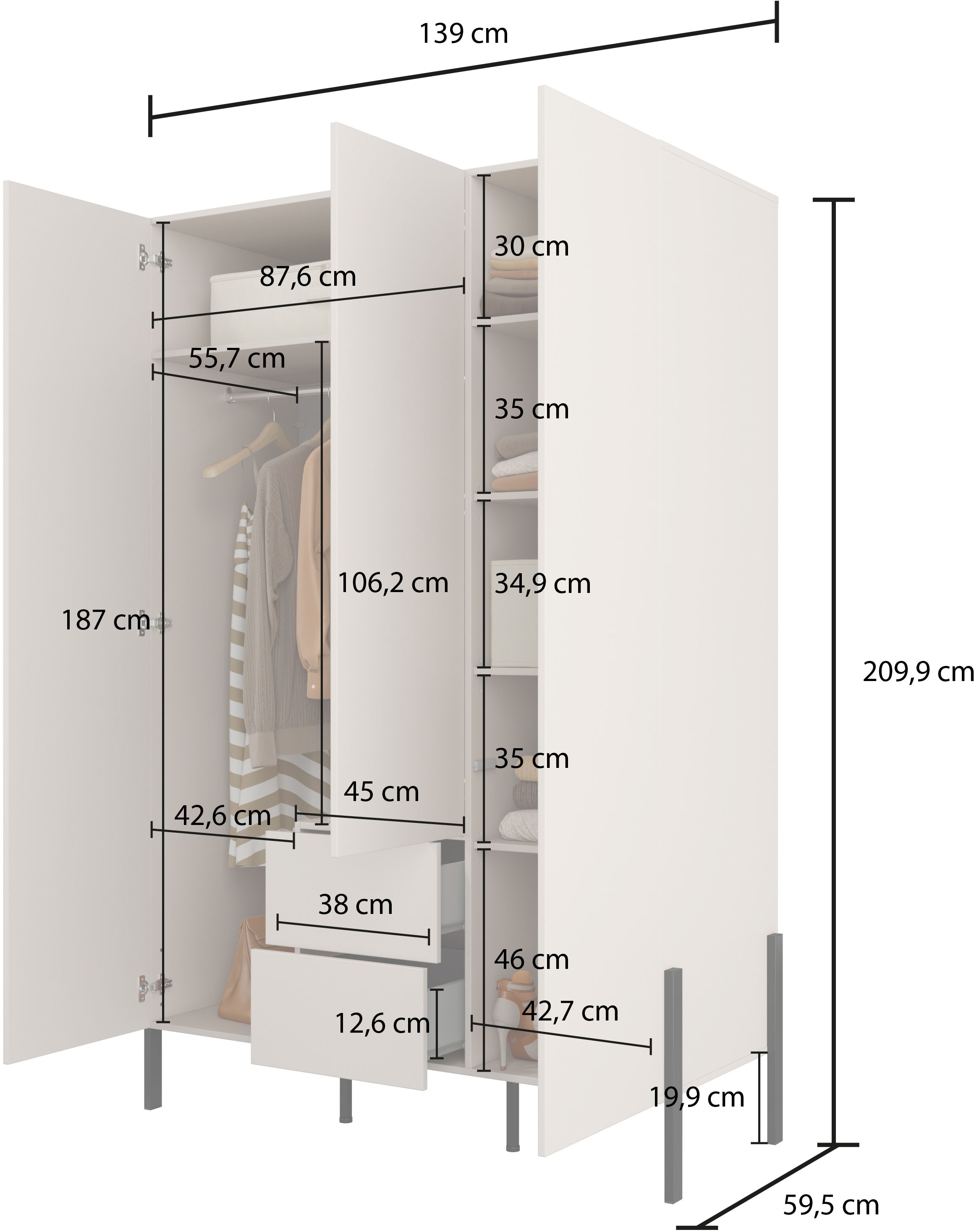 Home affaire Drehtürenschrank »Jukon, moderner Kleiderschrank mit Metallfüßen«, (B/H/T 3-Türer: ca. 135/210/60 4-Türer ca: 180/210/60), push to open Funktion, passend zur JUKON Serie, viel Stauraum