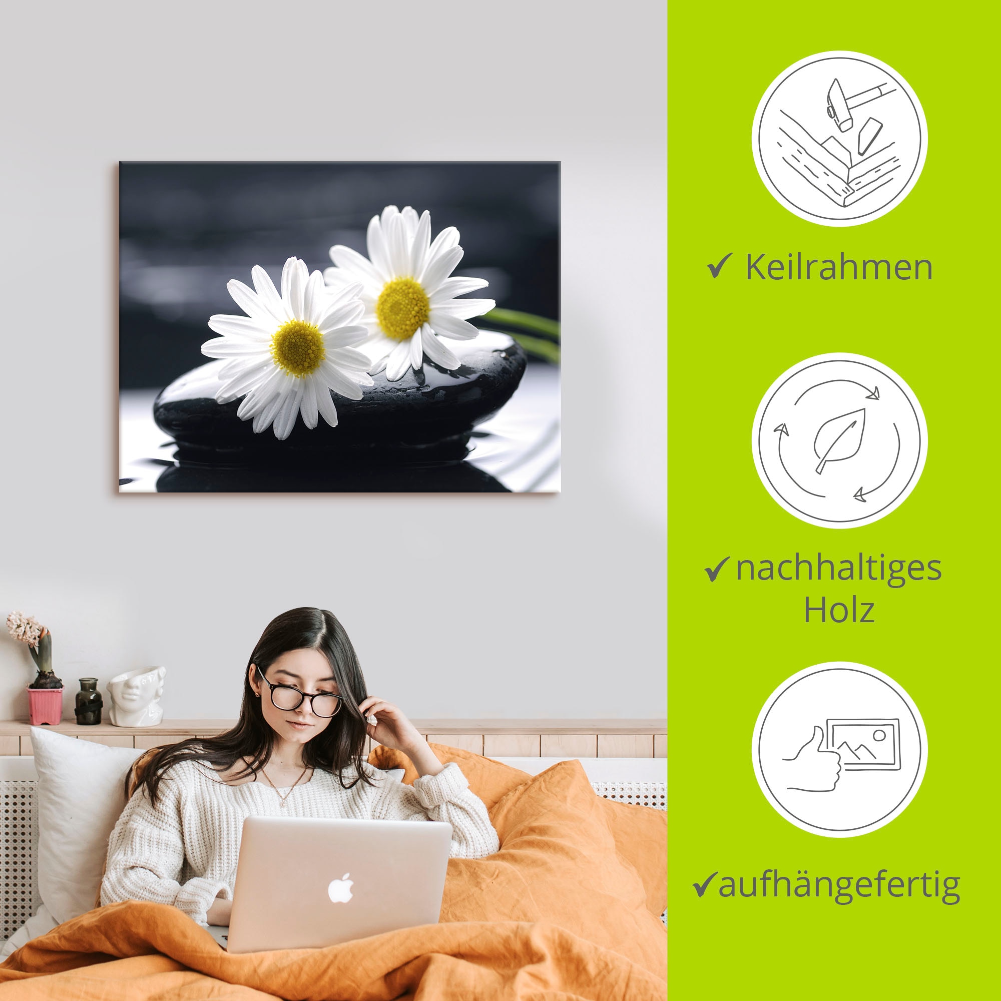Artland Leinwandbild »Zwei Gerbera auf einem Zenstein« Blumen 1 Stk. tlg. auf Holzrahmen gespannt