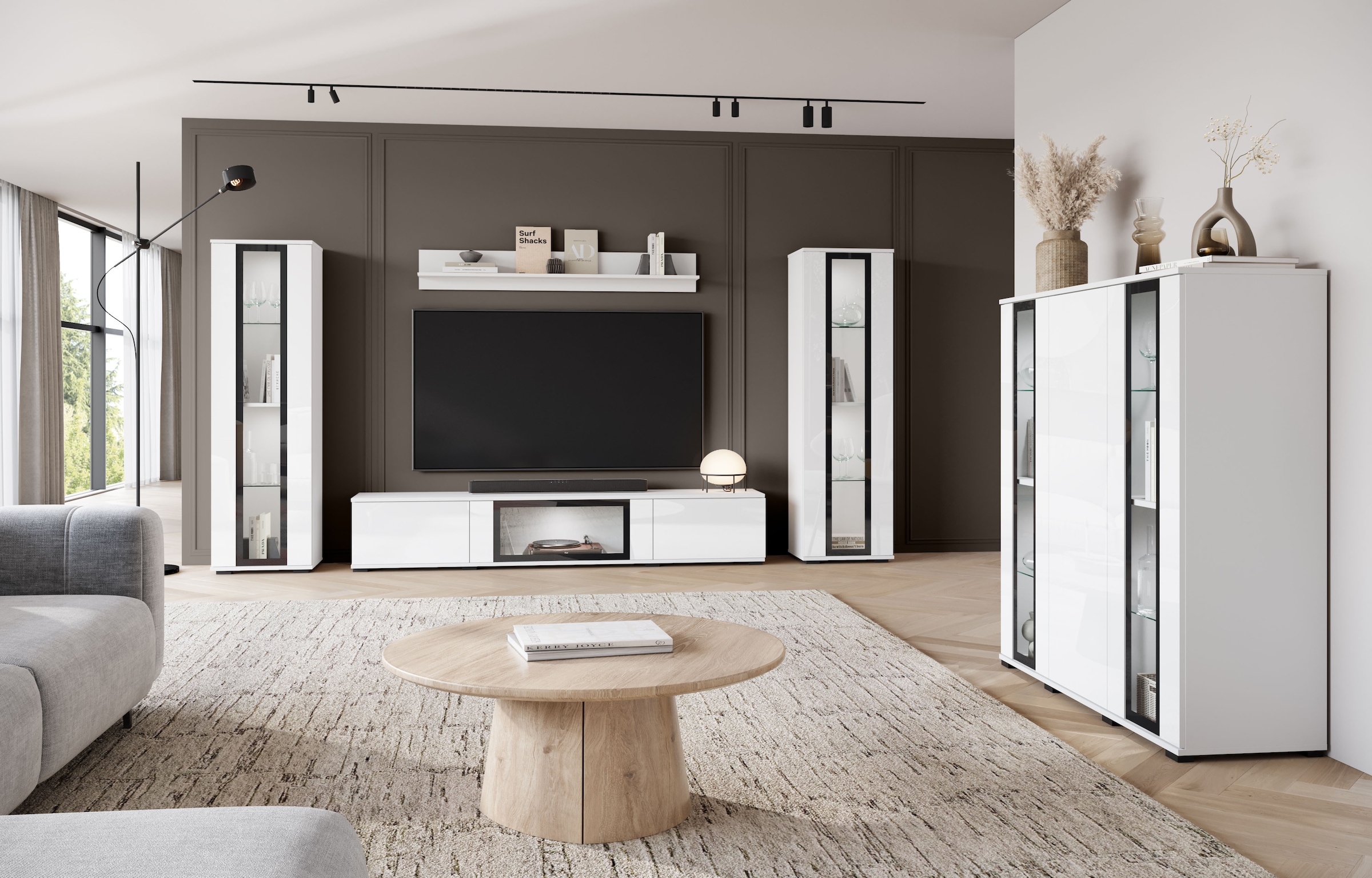 INOSIGN Wohnwand »Caro, stehend und hängend montierbar«, (Komplett-Set, 4 St., Vitrine Türanschlag links/rechts wechselbar), grifflose Design, höhenverstellbare Einlegeböden