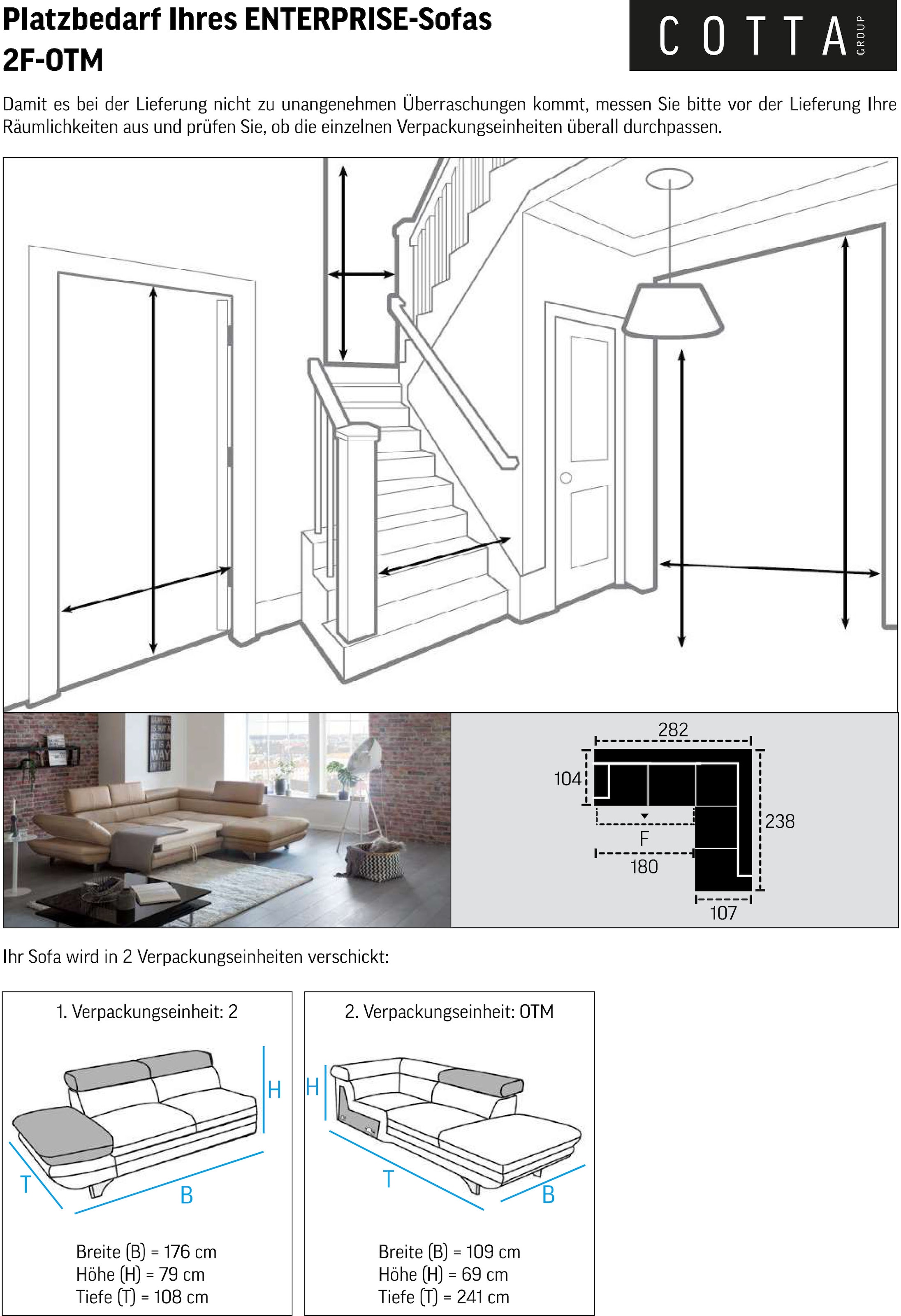 COTTA Ecksofa »Enterprise L-Form«, mit Arm- & Kopfteilverstellung, wahlweise mit Bettfunktion