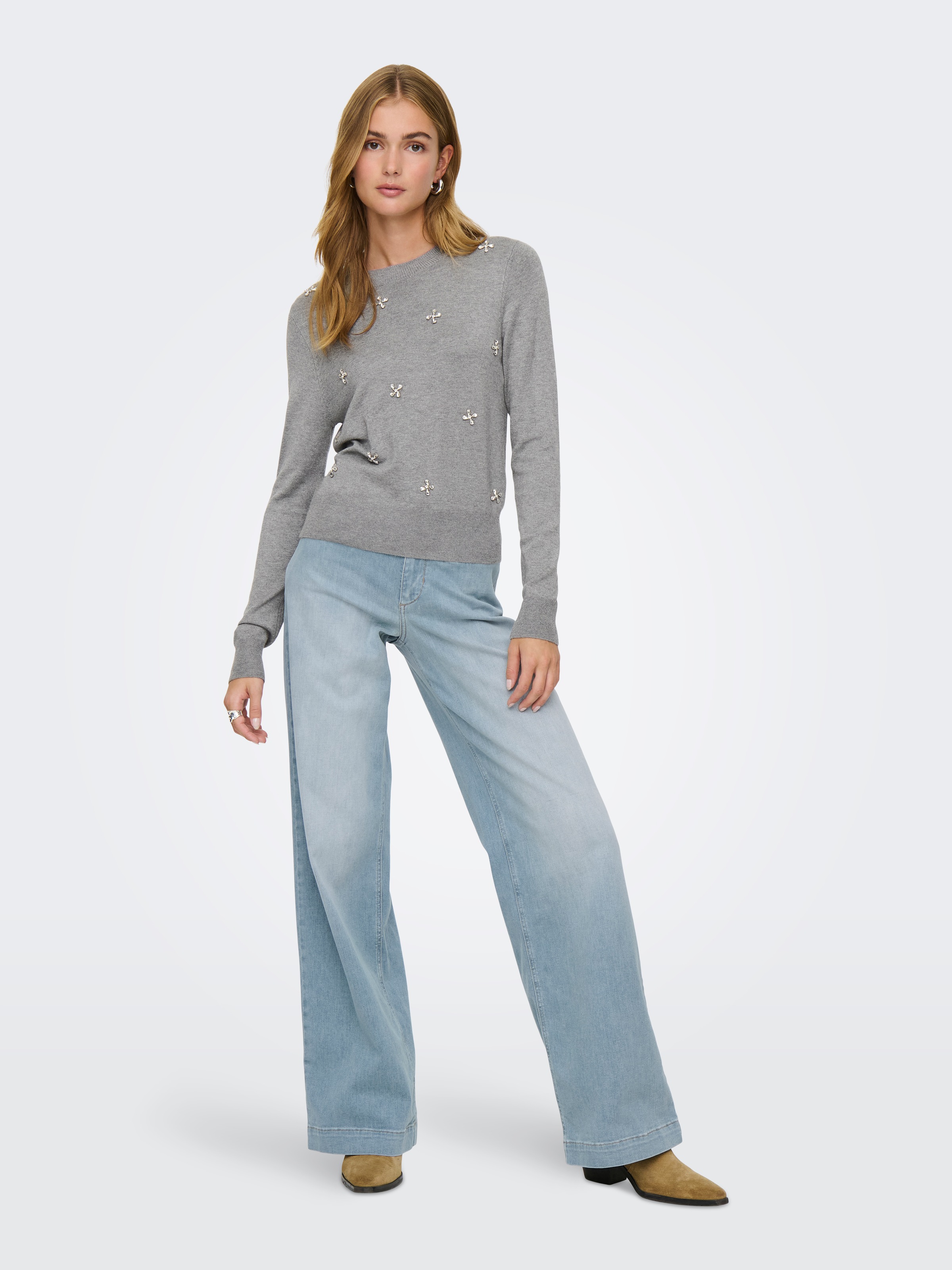 ONLY Rundhalspullover »ONLVENICE LIFE LS BLING O-NECK CC KNT« mit Strass-Steinen