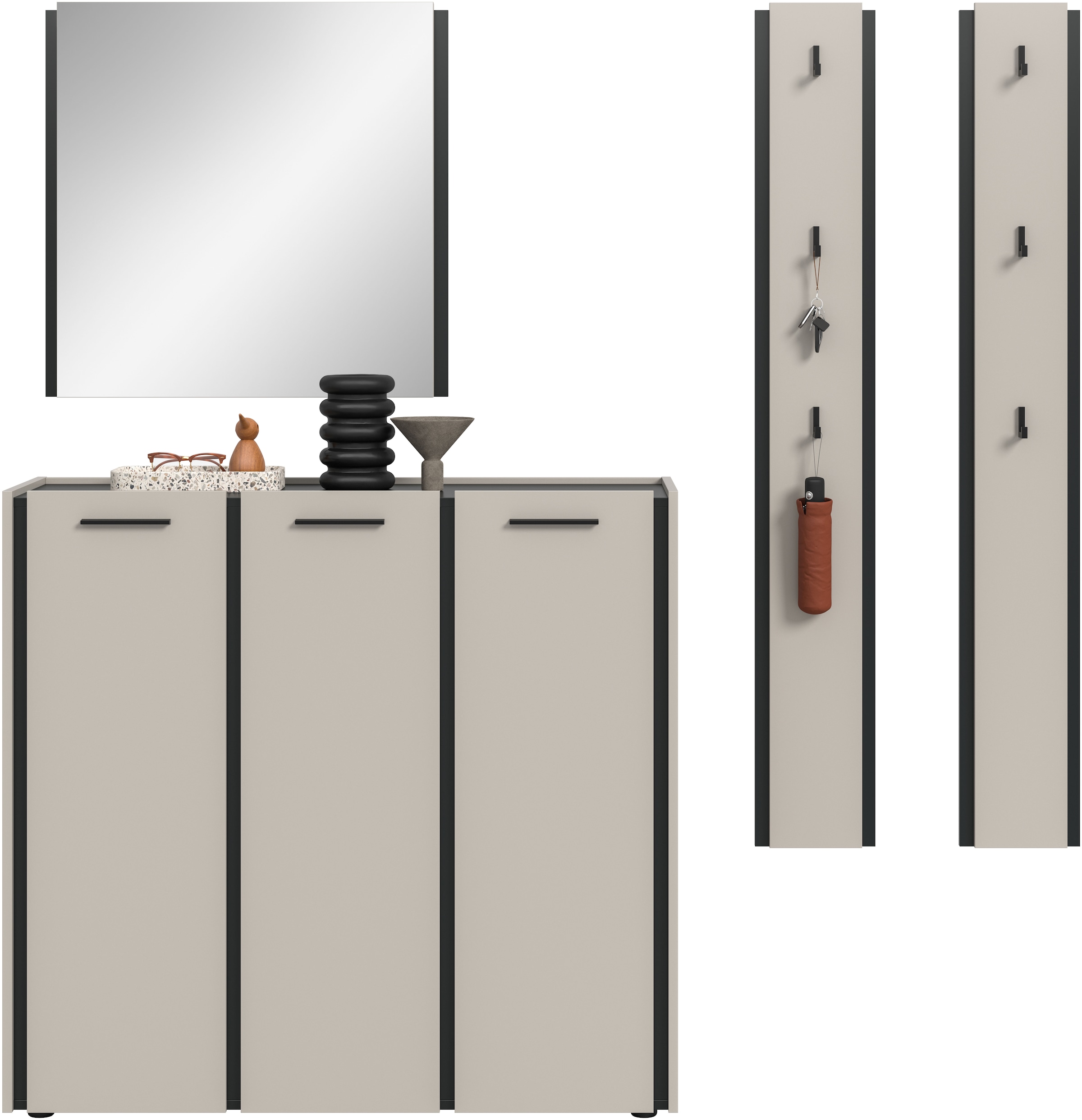 Home affaire Garderoben-Set »RAK, 4-teilige Garderoben-Kombination, Breite ca. 180 cm« Schuhkommode, Spiegel, 2x Hakenpaneel, 4 Stk. tlg.