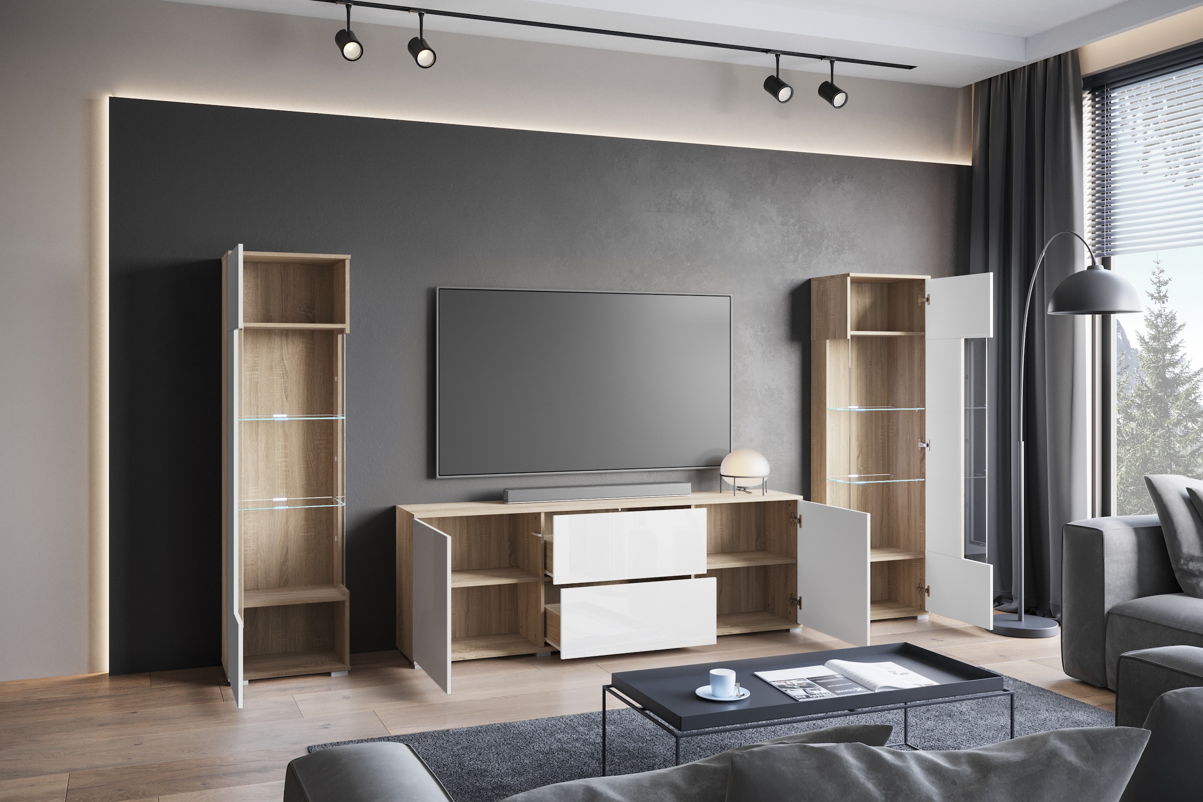 INOSIGN Wohnwand »KENIA«, (Komplett-Set, 3 St.), Vitrinen mit Eckverglasung, hängend und stehend montierbar