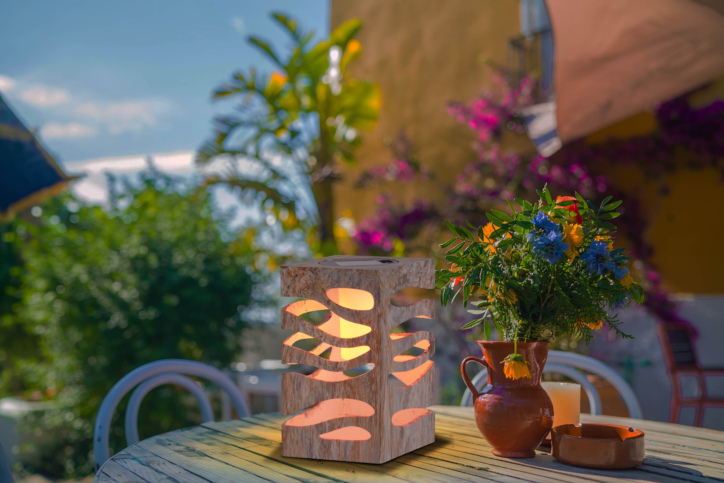 näve LED Solarleuchte »Hilda«, 1 flammig, Leuchtmittel LED-Modul | LED fest integriert, quadratisch, silber/beige Marmoroptik, Flammeneffekt, Dämmerungssensor