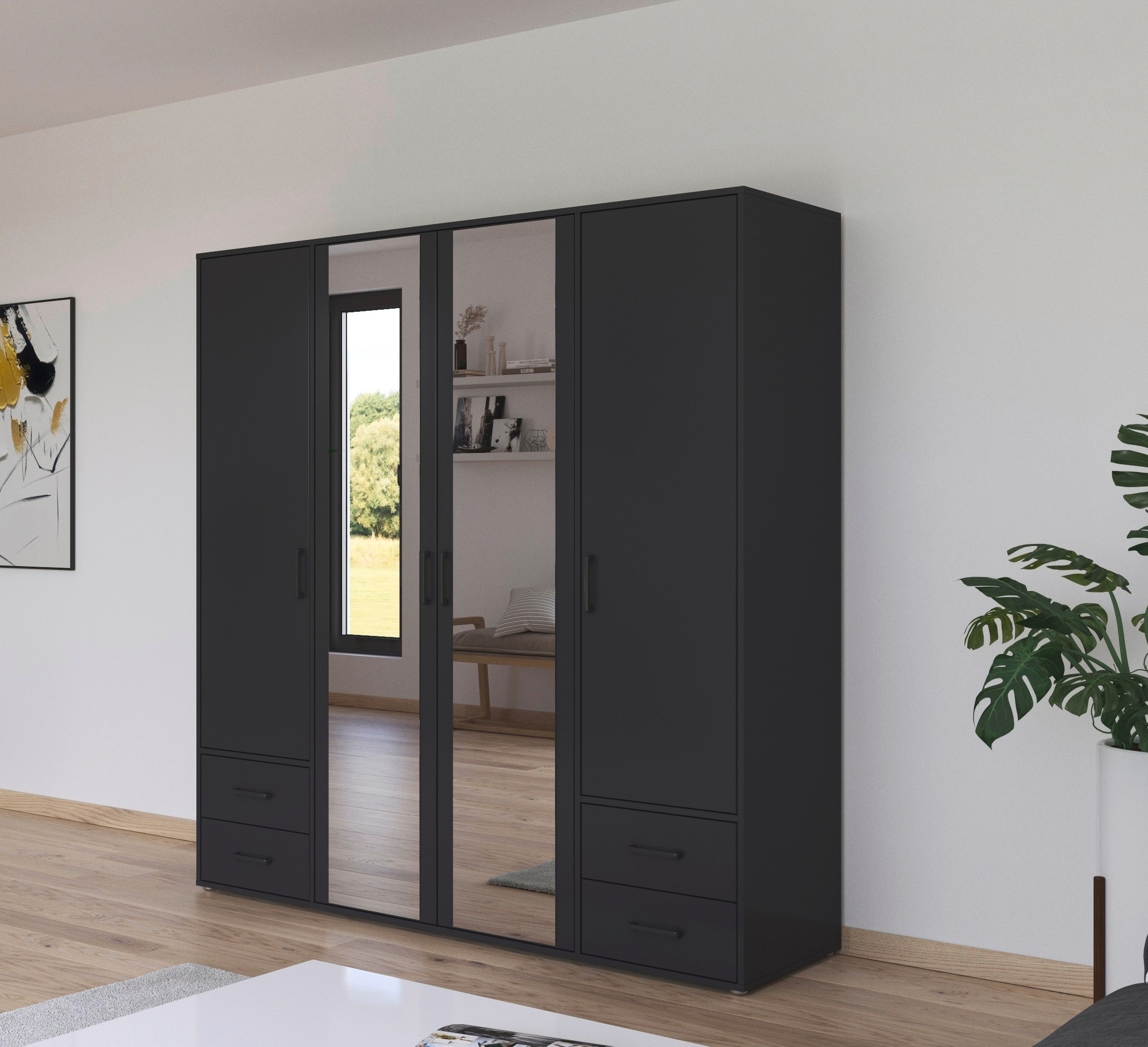 rauch Drehtürenschrank »Kleiderschrank Schrank Garderobe Wäscheschrank VOYAGER«, (in 3 verschiedenen Ausstattungen BASIC/CLASSIC/PREMIUM), mit modernen Griffen in Graumetallic, inkl. Schubkästen und Spiegel