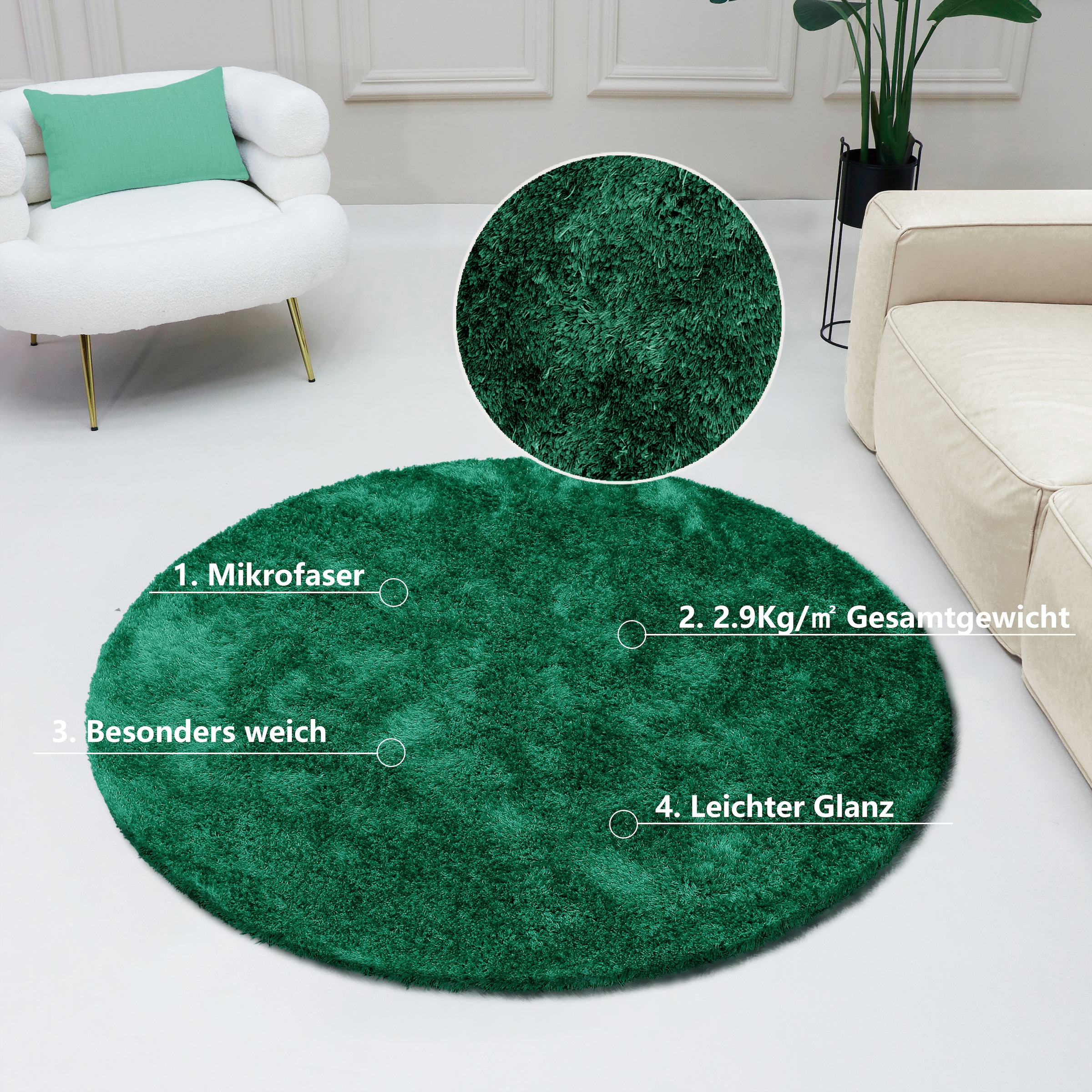 Bruno Banani Hochflor-Teppich »Dana Teppich, Kundenliebling«, rund, 30 mm Höhe, unifarben, Mikrofaser Teppiche, Wohnzimmer, Schlafzimmer, Esszimmer