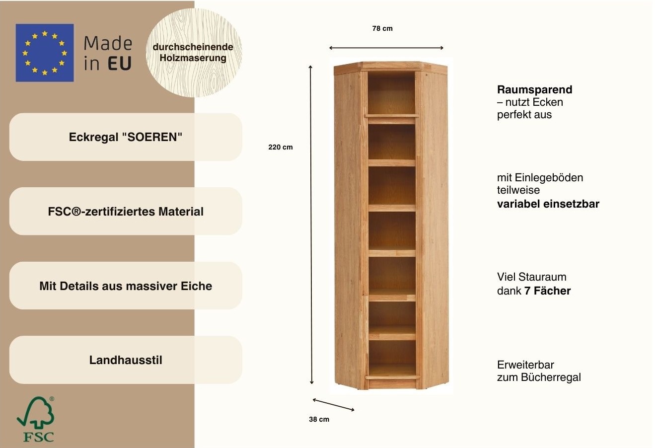 OTTO home Eckregal »Soeren Eiche Regal Höhe 220 cm, FSC®-zertifiziert« passend für Regale Soeren mit einer Tiefe von 29 cm