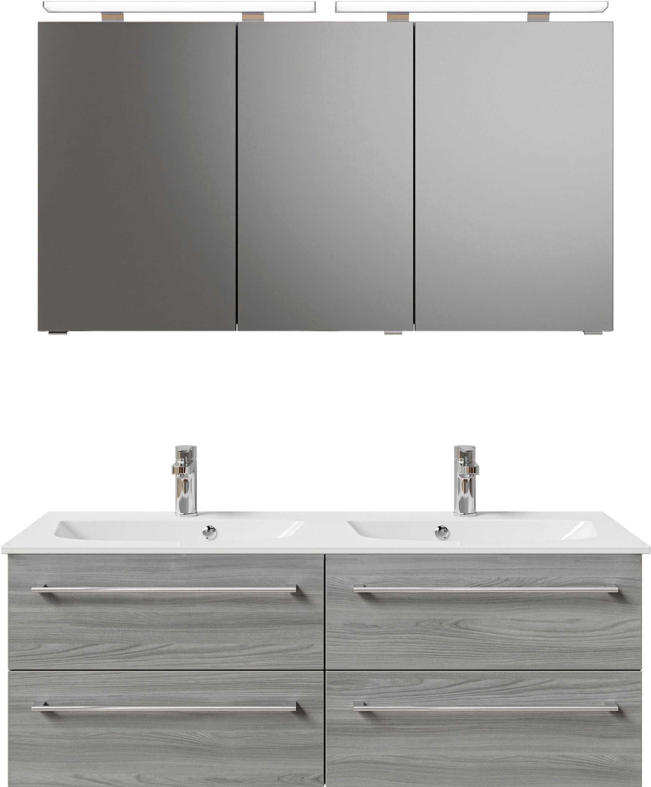 Saphir Badmöbel-Set »Serie 6025 2-teilig Mineralmarmor-Waschtisch mit LED-Spiegelschrank«, (2 St.), Waschplatz 132cm breit, 4 Schubladen, 2 Spiegel-Türen, inkl Türdämpfer