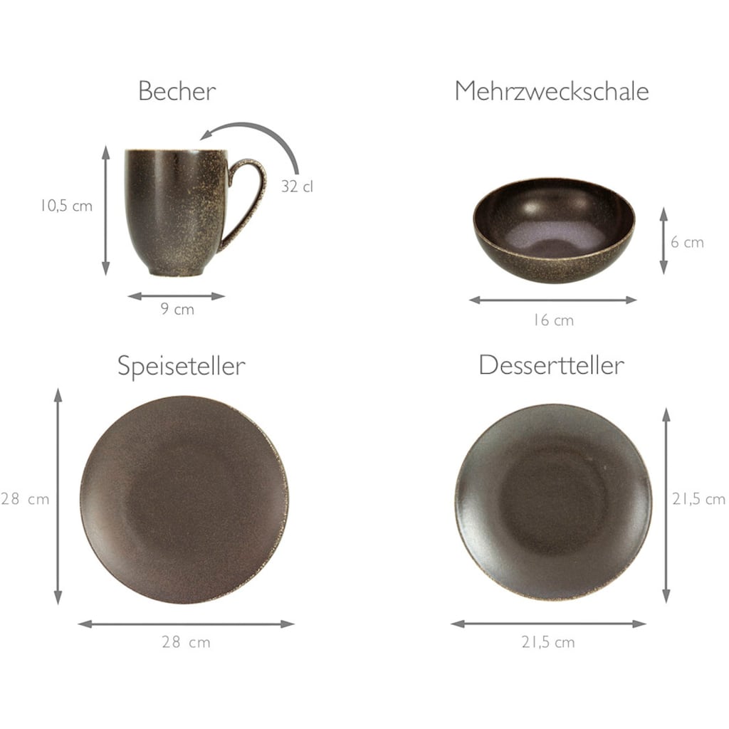 CreaTable Kombiservice »Geschirr-Set Rusty«, (Set, 16 tlg., Kaffeeservice und Tafelservice im Set, für 4 Personen), Service, seidenmatte Glasur, 16 Teile, für 4 Personen