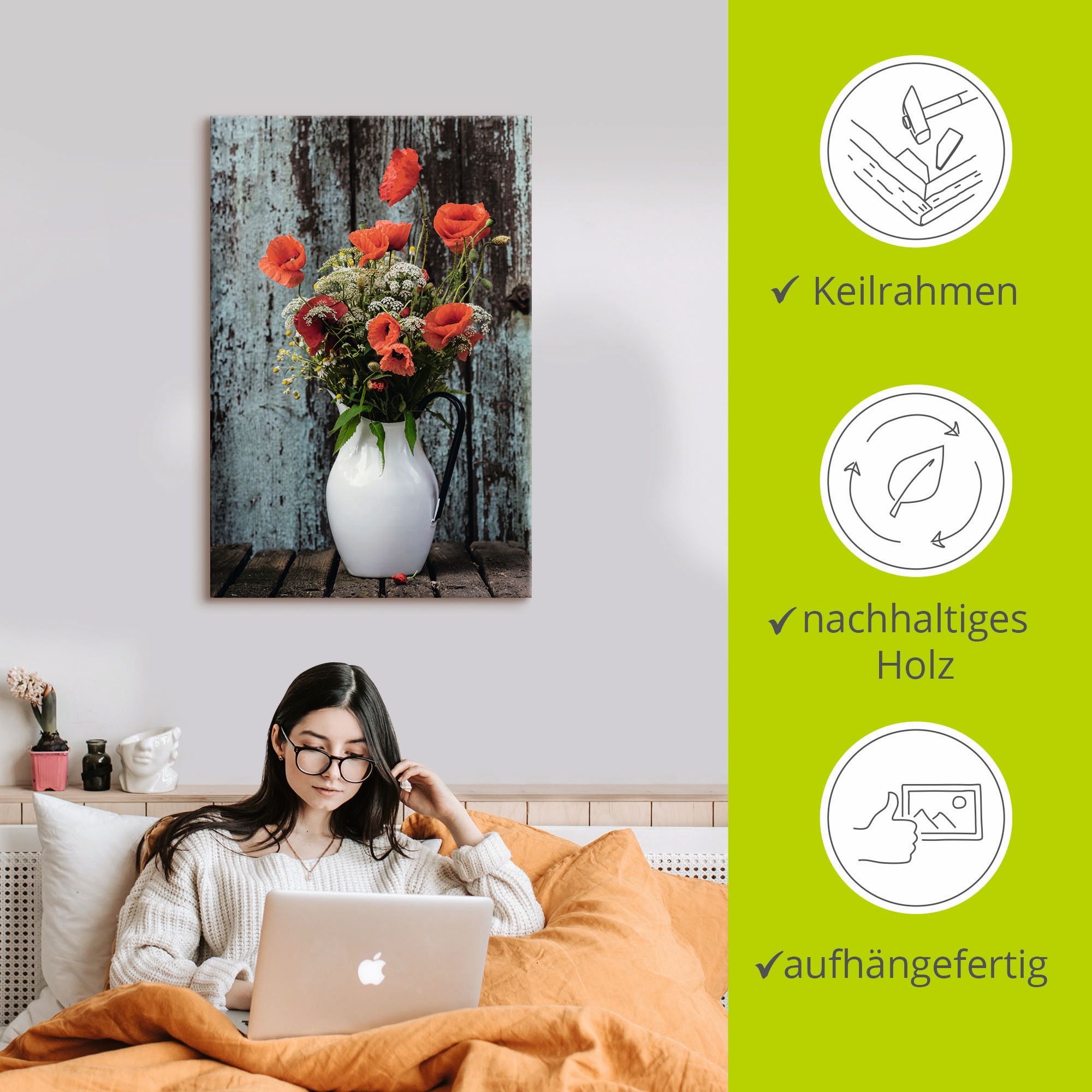 Artland Leinwandbild »Krug mit Mohnblumen« Blumen 1 Stk. tlg. auf Holzrahmen gespannt