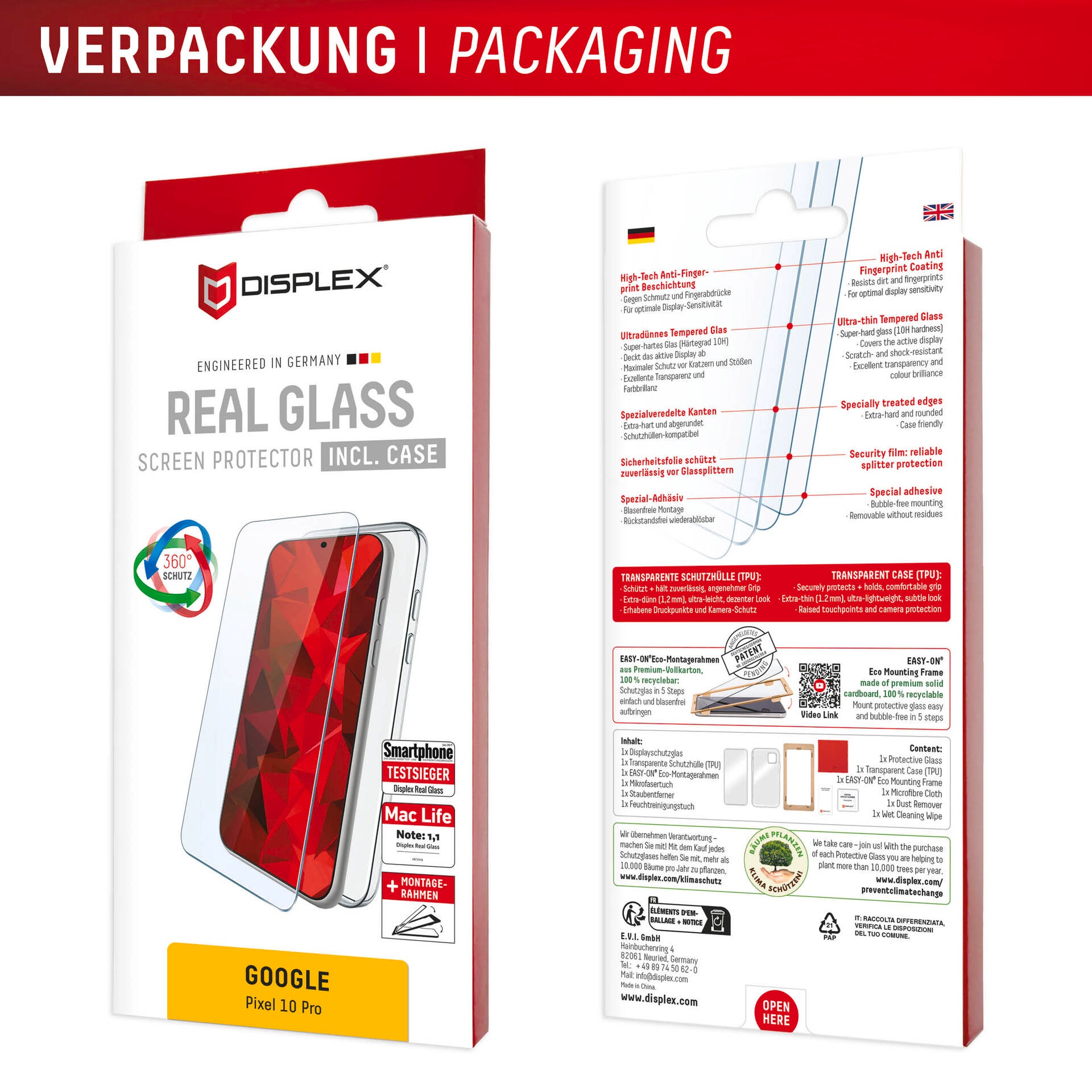 Displex Displayschutzglas »Real Glass Screen Protector inklusive Case« für Google Pixel 10 Pro Displayschutzfolie, Schutzfolie, Bildschirmschutz, kratz- & stoßfest