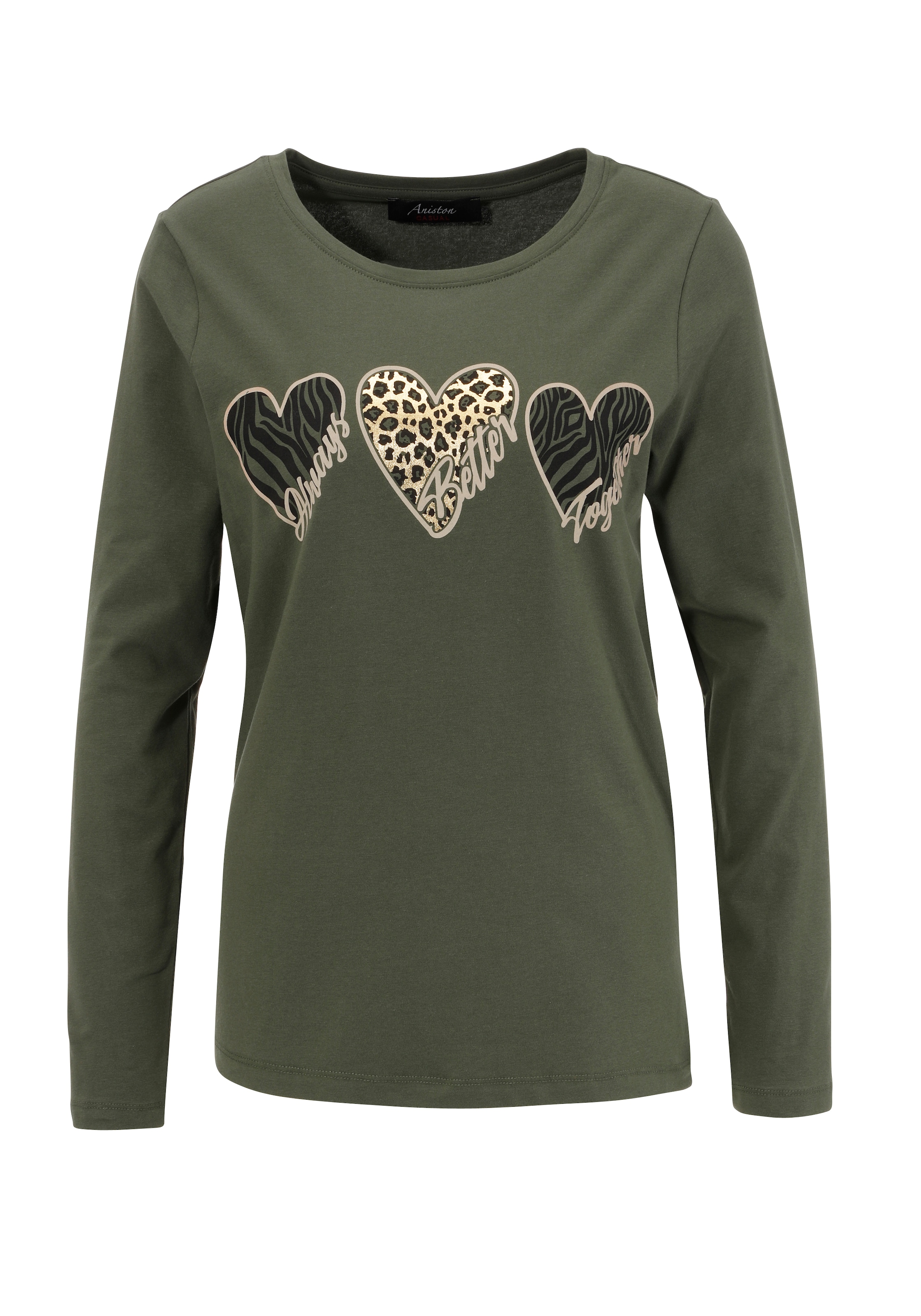 Aniston CASUAL Langarmshirt, mit teilweise glänzendem Animal-Print in Herzform