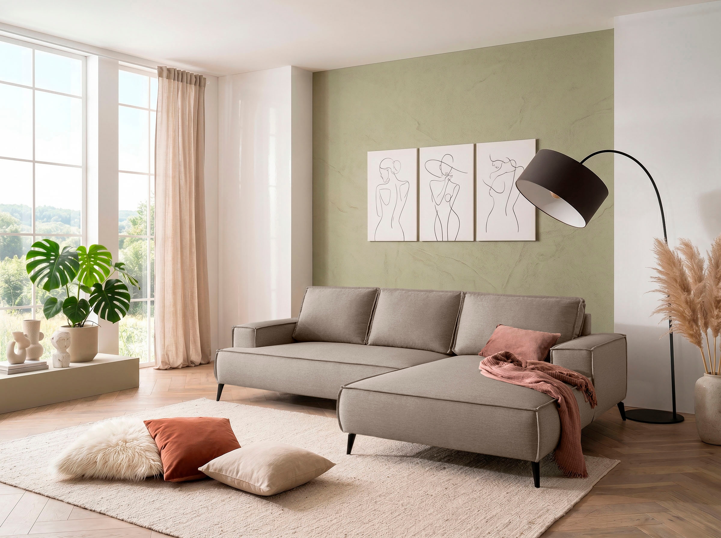 OTTO home Ecksofa »TVINNU Leinenoptik, L-Form, Breite 275 cm« wahlweise Recamiere rechts/links, schwarze Füße, bequemer Sitzkomfort