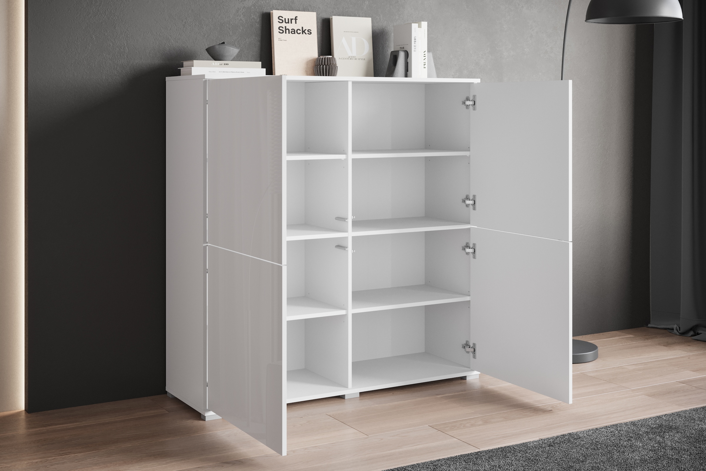 INOSIGN Highboard »Kenia, moderne grifflose Hochkommode mit 4 Türen, Breite 120 cm«, (1 St.), Push-to-Open-Fronten, höhenverstellbaren Einlegeböden