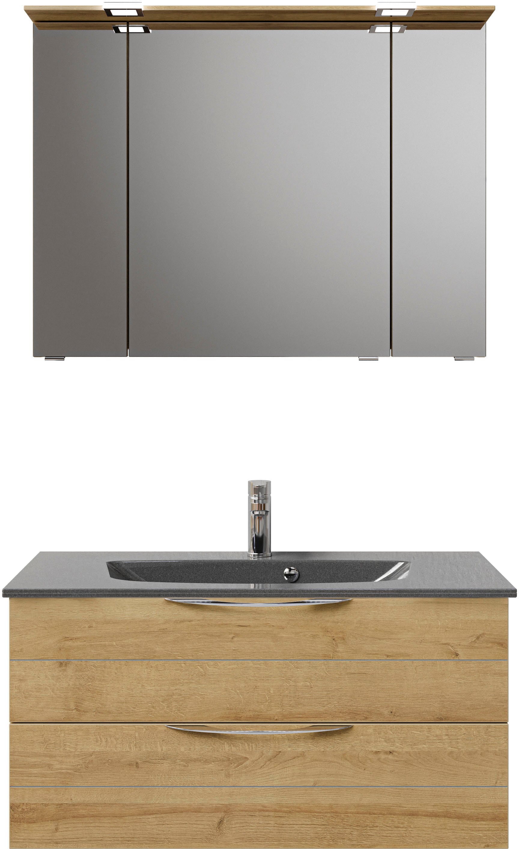 Saphir Badmöbel-Set »Serie 6025 2-teilig Mineralmarmor-Waschtisch mit LED-Spiegelschrank«, (2 St.), Waschplatz 97 cm breit, 2 Schubladen, 3 Spiegel-Türen, inkl Türdämpfer