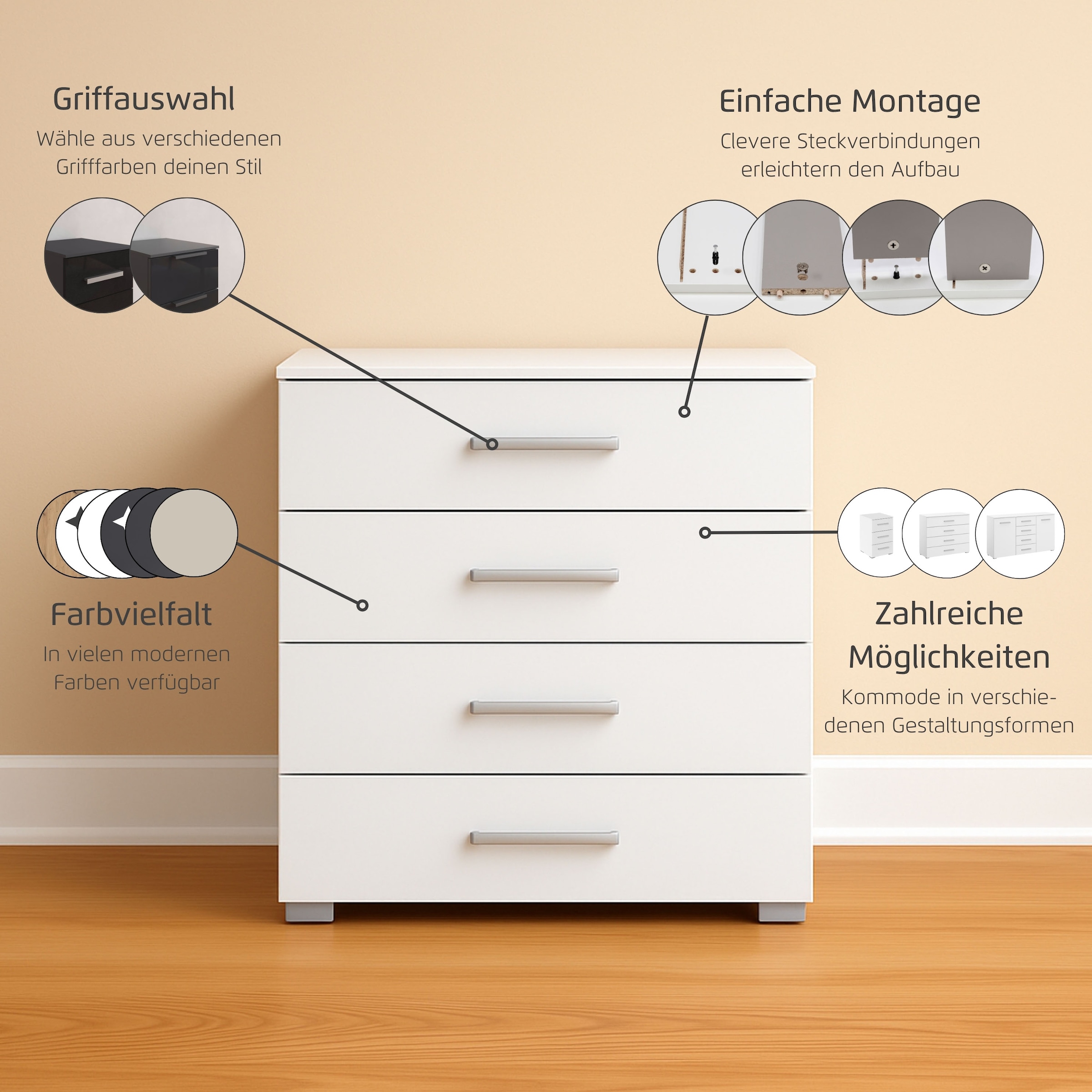 rauch Schubkastenkommode »Sideboard Kommode Schubkastenkommode KOLUNA mit Dekorfront«, (Breite 80 cm inkl. Soft-Close-Funktion), vier große und geräumige Schubladen mit viel Stauraum MADE IN GERMANY