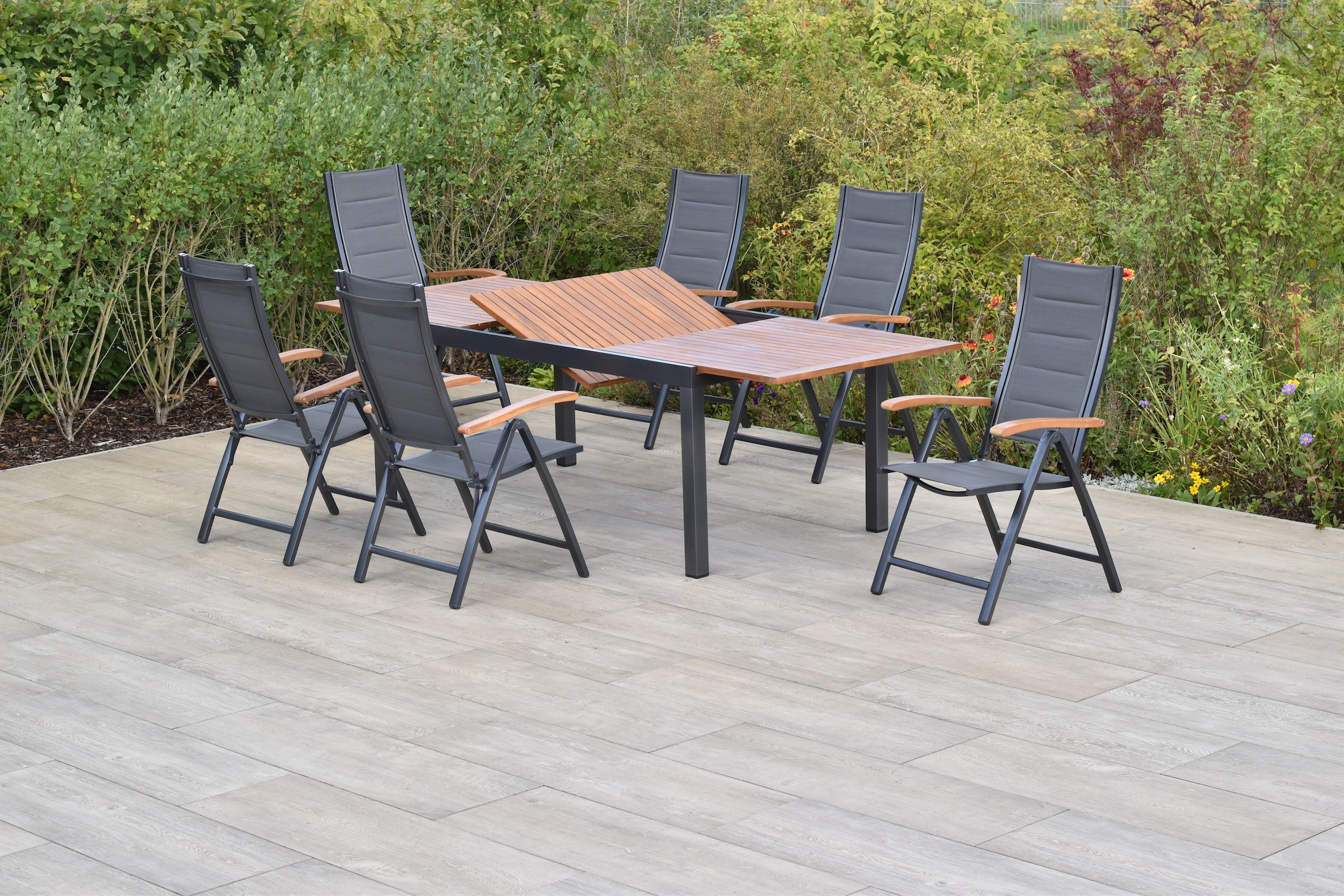 MERXX Garten-Essgruppe »»Paxos««, (Set, 7 tlg., 5-fach verstellbare Rückenlehne, gepolsterte Sitz- und Rückenfläche), Ausziehtisch: LxB: 180-250 x 100 cm