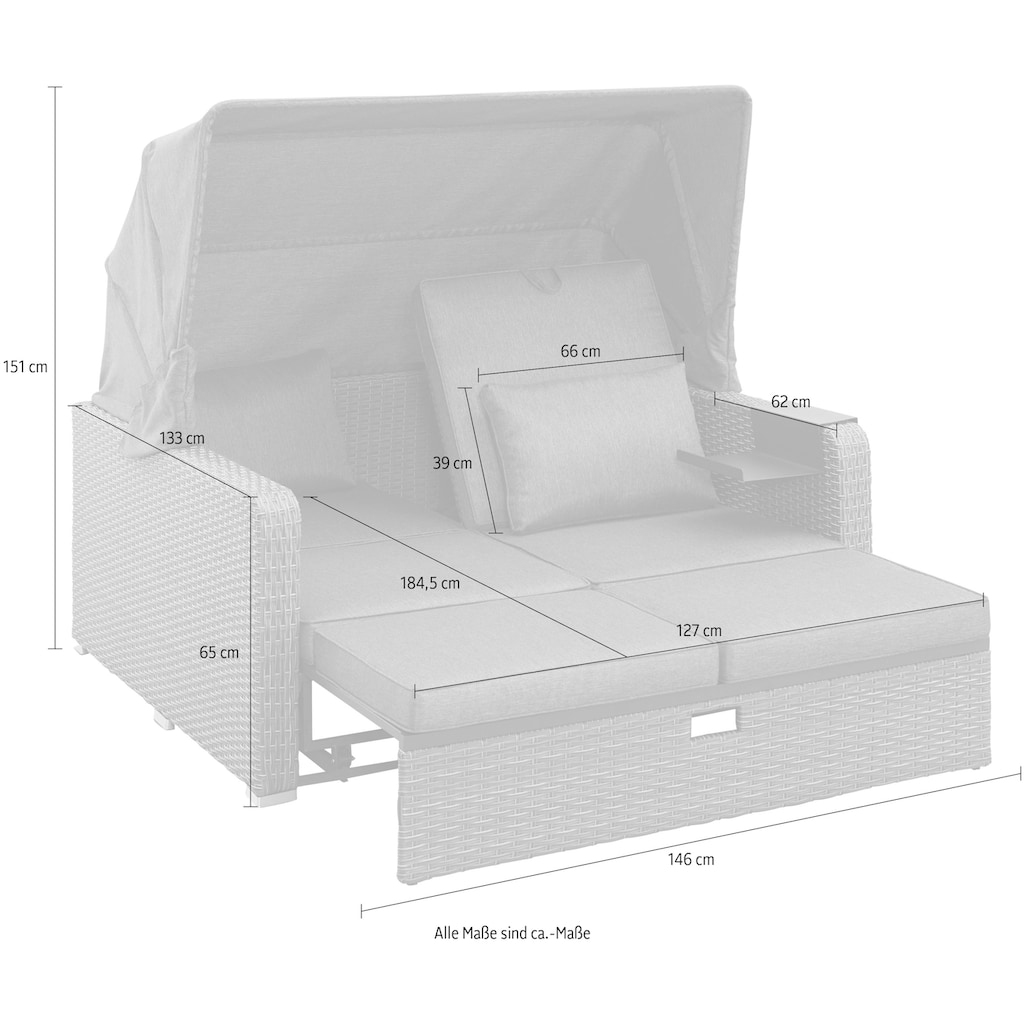 KONIFERA Loungebett »Sylt«, (Set, 8 St.), ausziehbares Sofa, Hängetisch, mit klappbarem Dach, Strandkorb