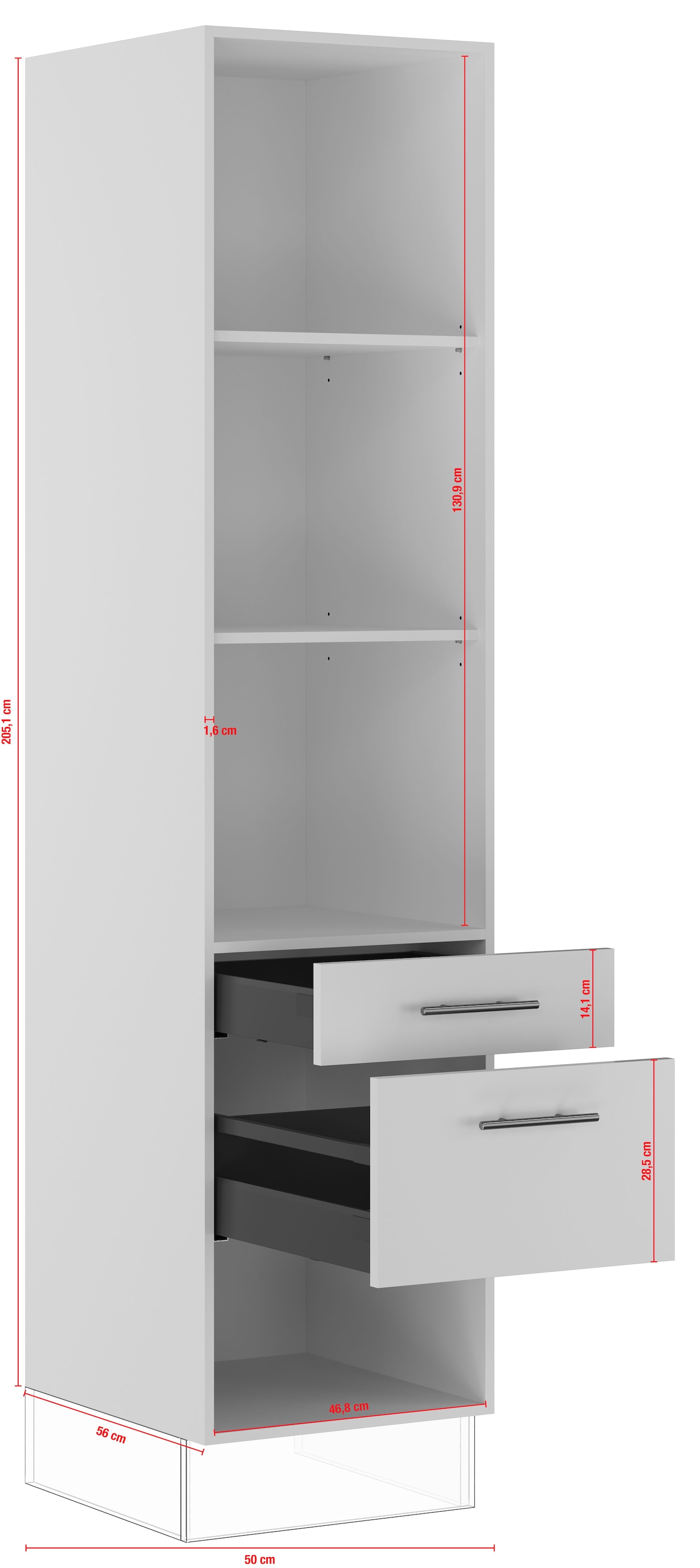 IMPULS KÜCHEN Seitenschrank »"Prag", Breite/Höhe: 50/205,1 cm, mit Soft-Close« vormontiert, mit Schubkasten, mit Auszug, mit verstellbaren Fachböden