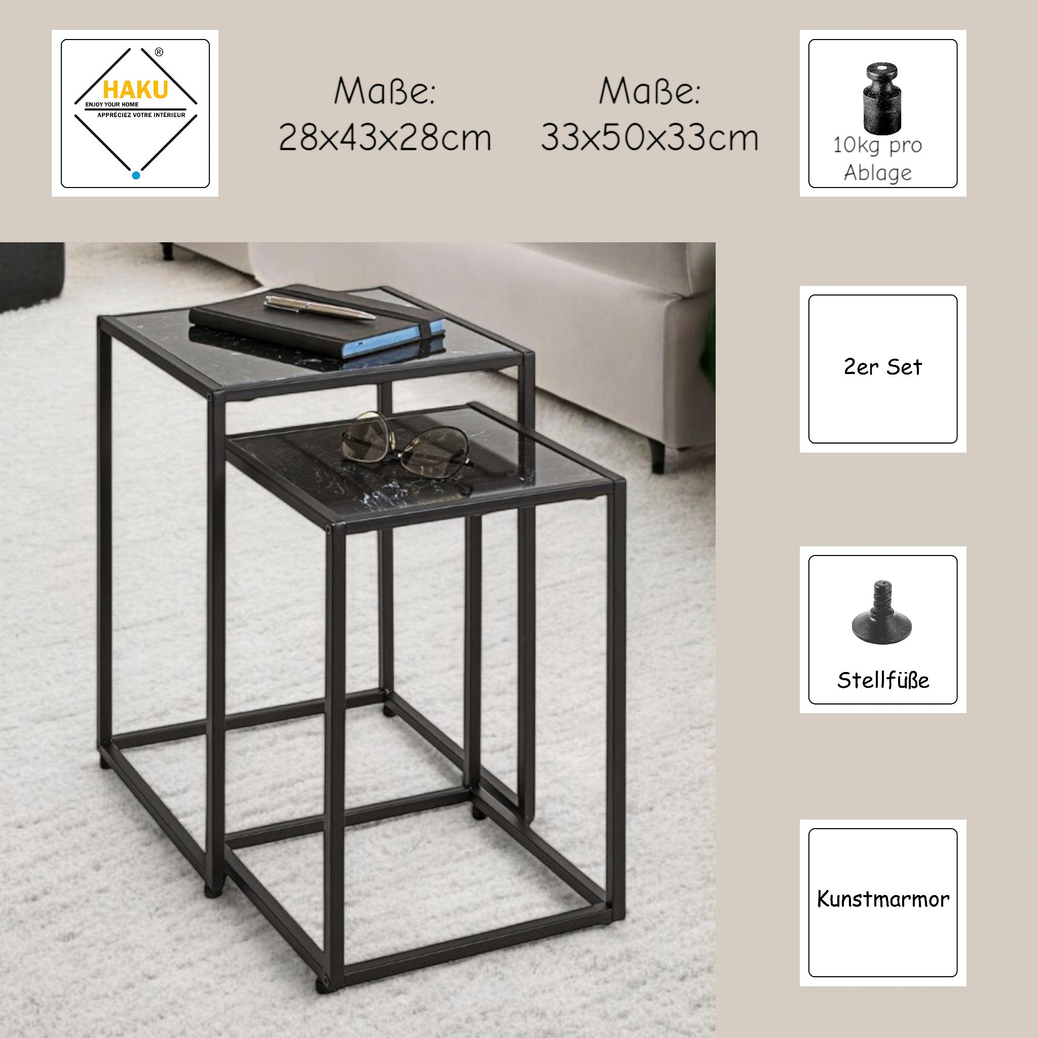 HAKU Beistelltisch »Sofatisch, Wohnzimmertisch« Set, 2er Set, 2 Stk. tlg. quadratisch - aus Kunstmarmor Schwarz B/T/H 28/28/43 und 33/33/50 cm