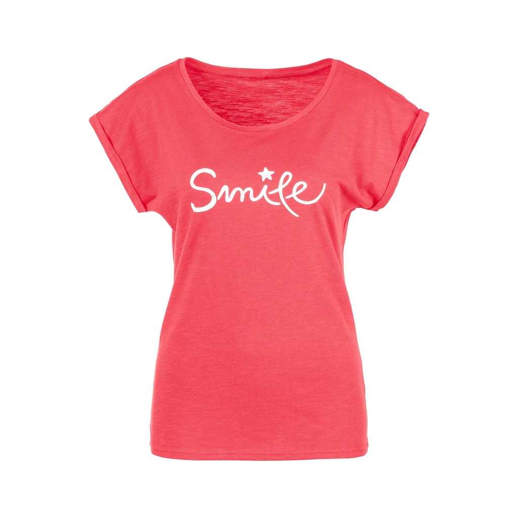Beachtime T-Shirt, mit modischem Sprüche Frontdruck "Smile"