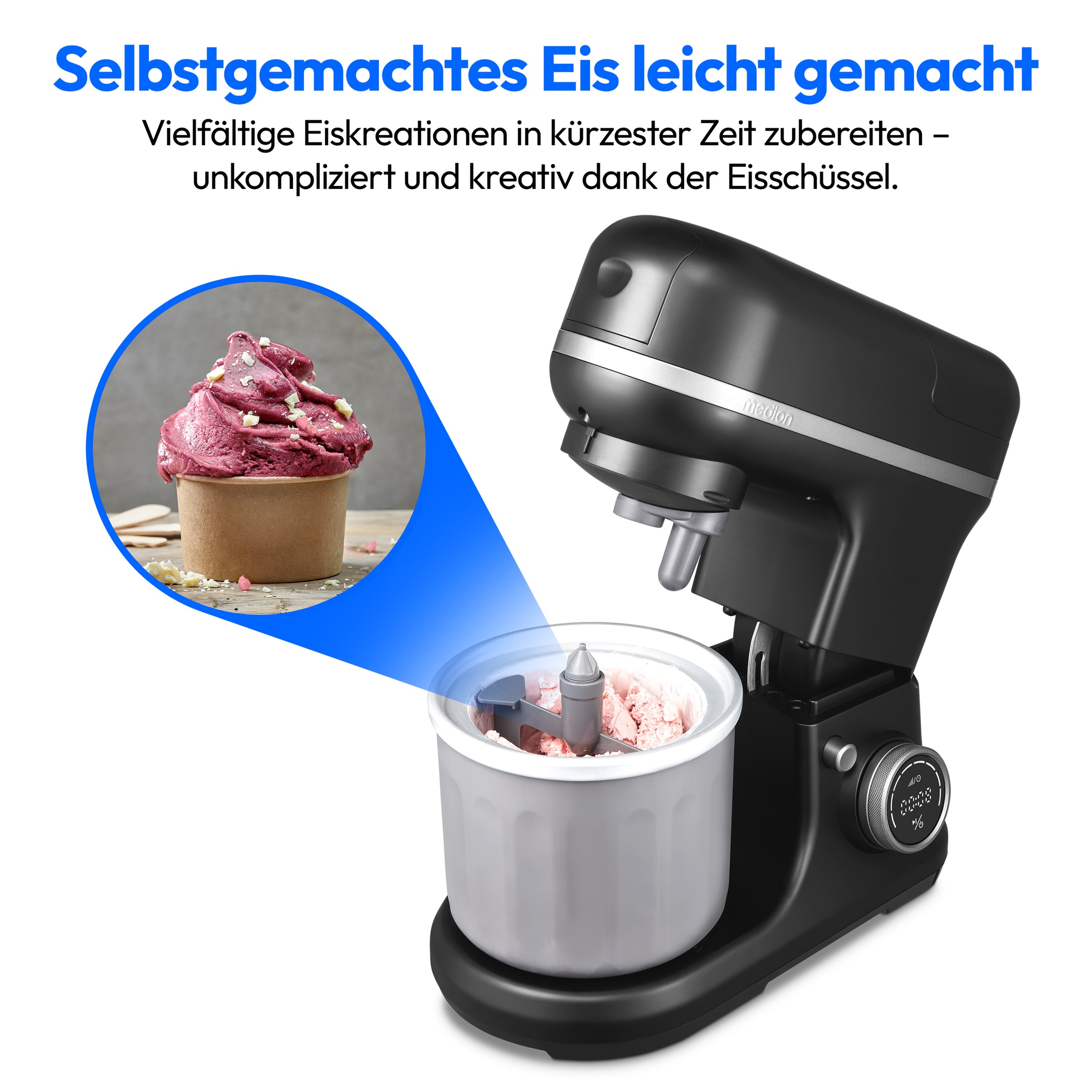 Medion® Küchenmaschine »MD 18442, 8 Geschwindigkeitsstufen, Impulsfunktion, 5L Rührschüssel«, Umfangreiches Zubehör-Set inkl. Eisschüssel für Speiseeiszubereitung