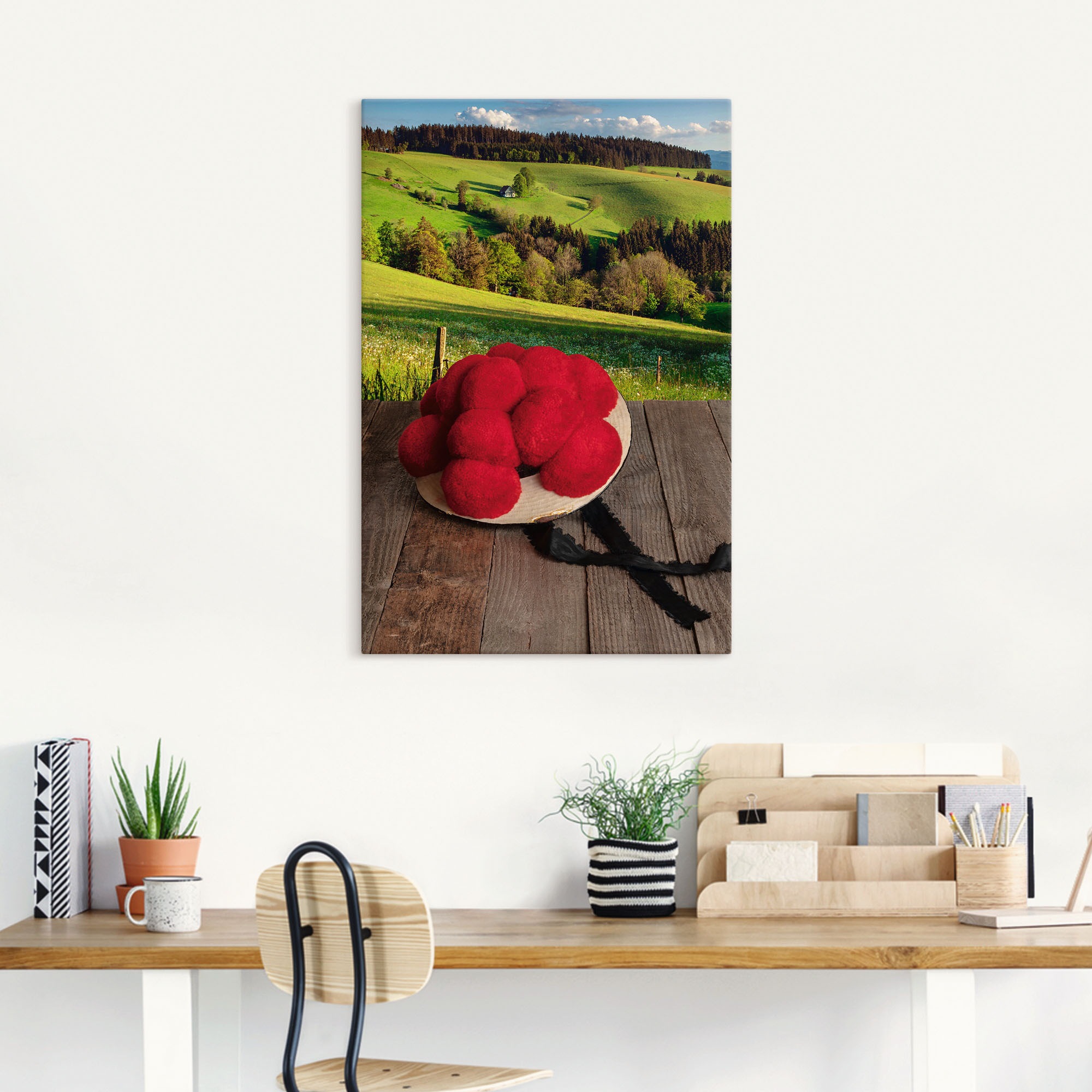 Artland Wandbild »Schwarzwälder Bollenhut auf Holztisch«, Wiesen & Baumbilder, (1 St.), als Alubild, Outdoorbild, Leinwandbild in verschied. Größen