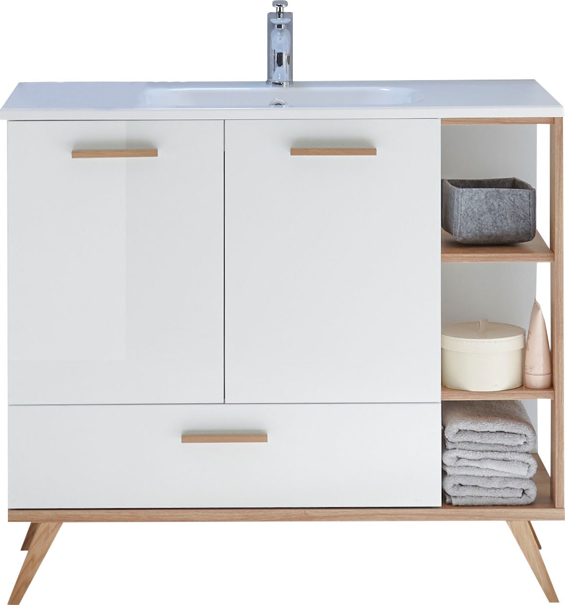 Saphir Waschtisch »Quickset Mineralmarmor-Waschtisch mit Unterschrank, 101 cm breit«, Wachplatz, inkl. Türdämpfer, 2 Türen, 1 Schublade, seitliches Fach