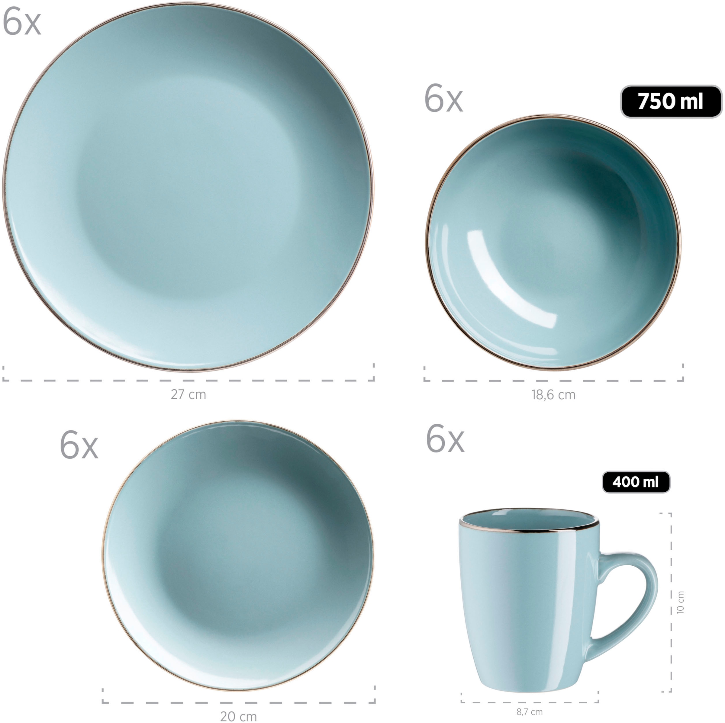 MÄSER Kombiservice »Geschirr-Set, Service Metallic Rim«, (Set, 24 tlg.), messingfarben schimernden Umrandung, 24 Teile, für 6 Personen