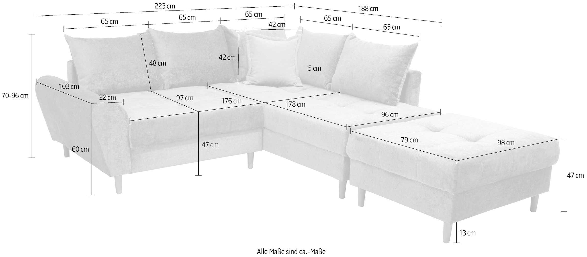 COLLECTION AB Ecksofa »Reims L-Form«, Ottomane beidseitig montierbar, inkl. Bettfunktion und Hocker