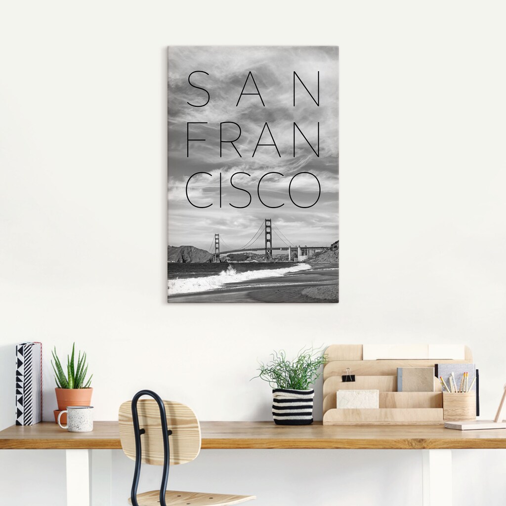 Artland Wandbild »Golden Gate Bridge & Baker Beach«, San Francisco, (1 St.), in vielen Größen & Produktarten - Alubild / Outdoorbild für den Außenbereich, Leinwandbild, Poster, Wandaufkleber / Wandtattoo auch für Badezimmer geeignet