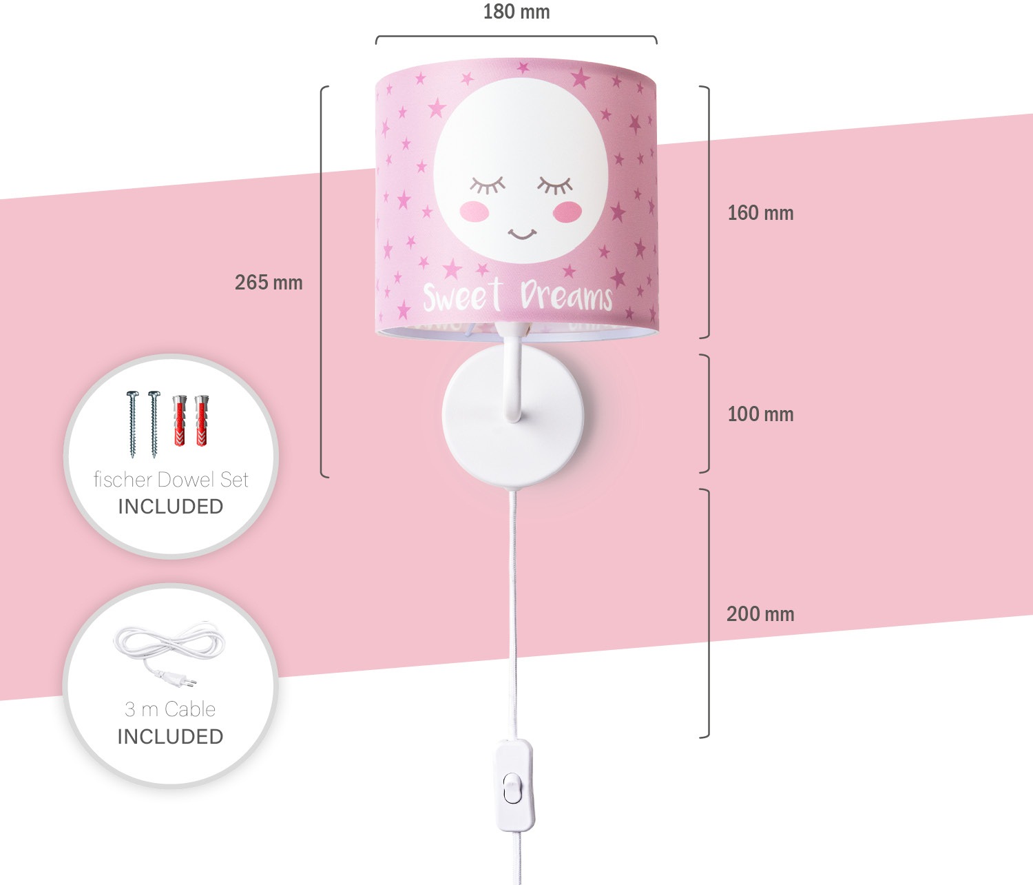 Paco Home Wandleuchte »Aleyna 103«, 1 flammig, Leuchtmittel E14 | LED fest integriert, Kinderlampe Babyzimmer Kinderzimmer âˆ…18cm Mond Kabel 3m E14
