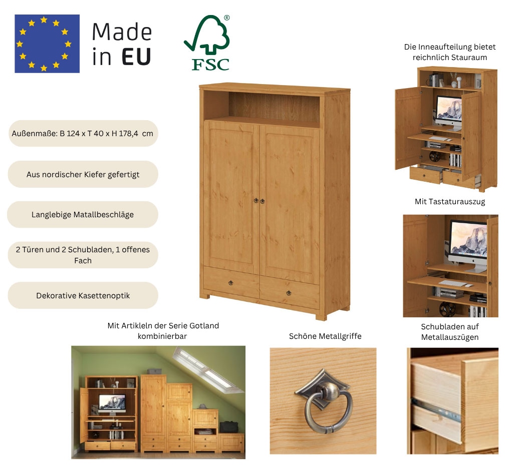 OTTO home Wäscheschrank »Clarius, Neuheit! Smarter ALLESKÖNNER, Mehrzweckschrank, Büroschrank«, (H/B/T ca. 178,4/124/40cm), mit Ausziehregal, Schublade, stabil + langlebig, Massivholz made in EU