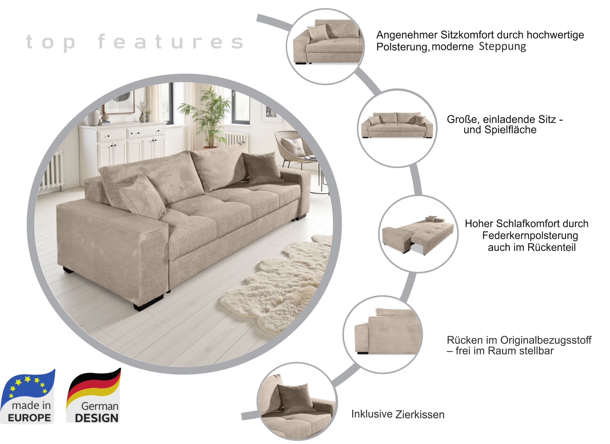 COLLECTION AB Schlafsofa »Kreta, B: 248 cm, Liegefl. 137x195 cm« Bettfunktion, Bettkasten & 2 Zierkissen, optional mit Topper