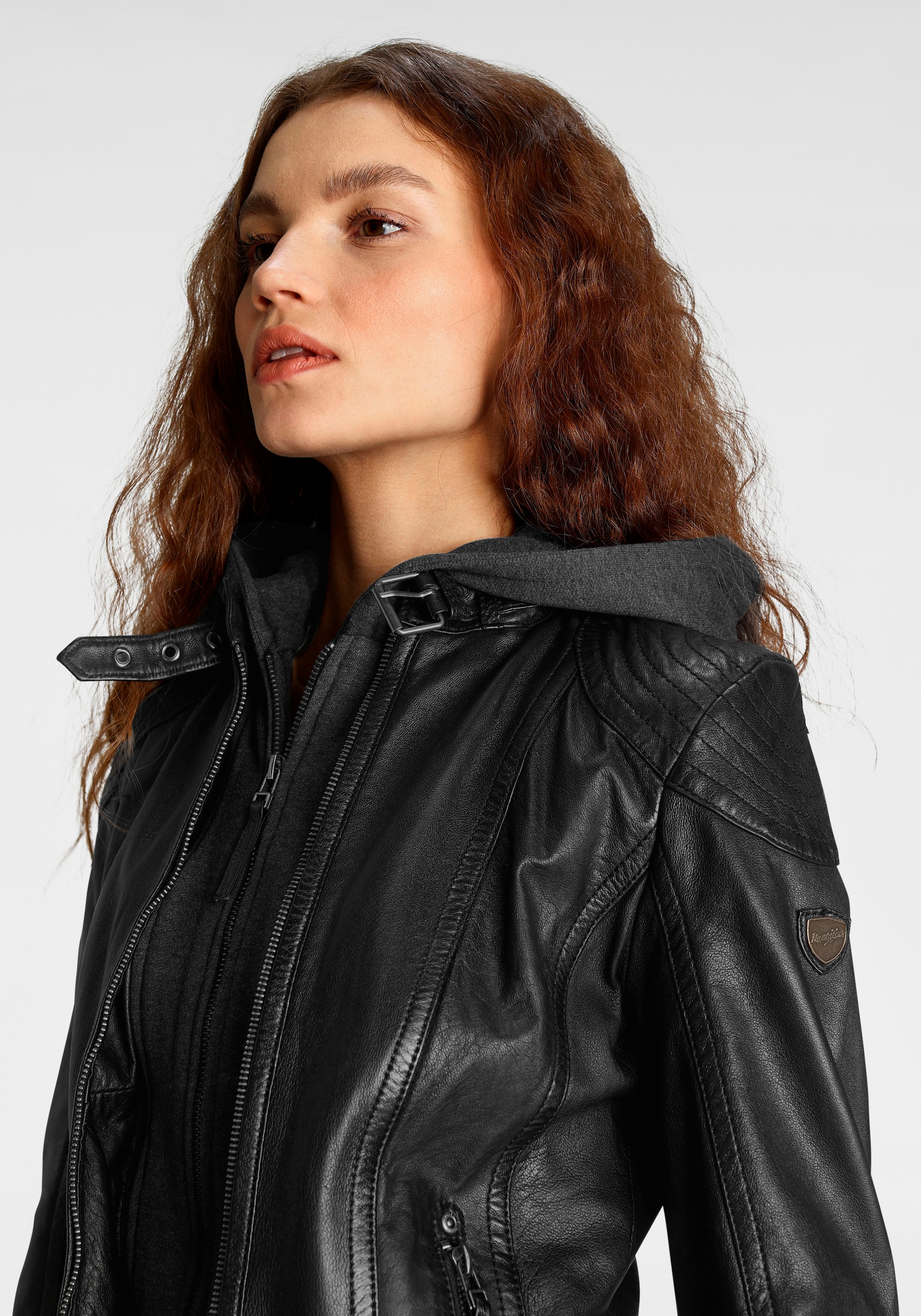 Mauritius Lederjacke »Cacey LEGV« mit Kapuze mti Kapuze, Reißverschluss, Ziersteppung